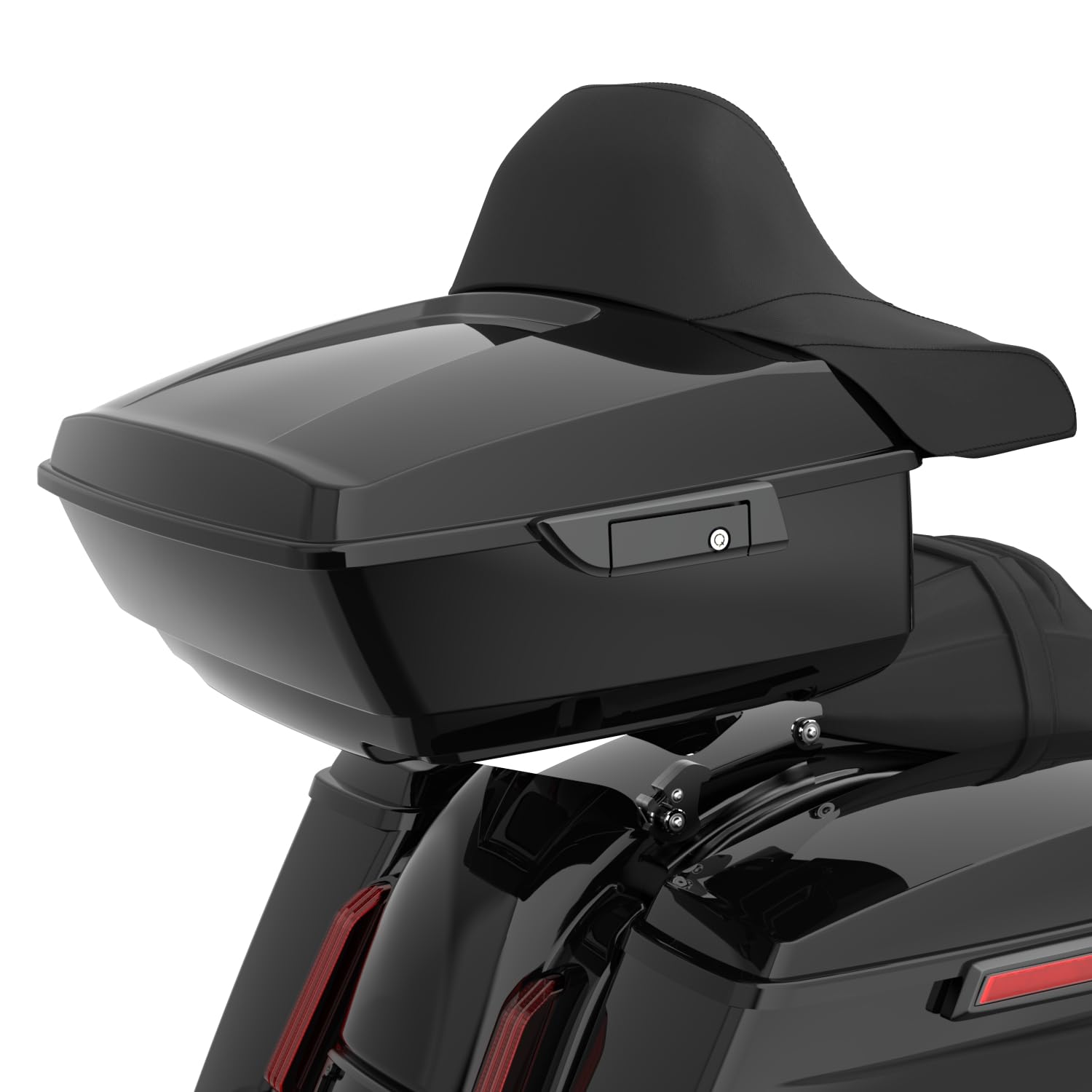 Motorcycle Vivid Black King Tour Trunk Pack Storage Bag Fit for Harley Touring 2009+, Maximum Travel Luggage Trunk with Black Latches Hardware Kit