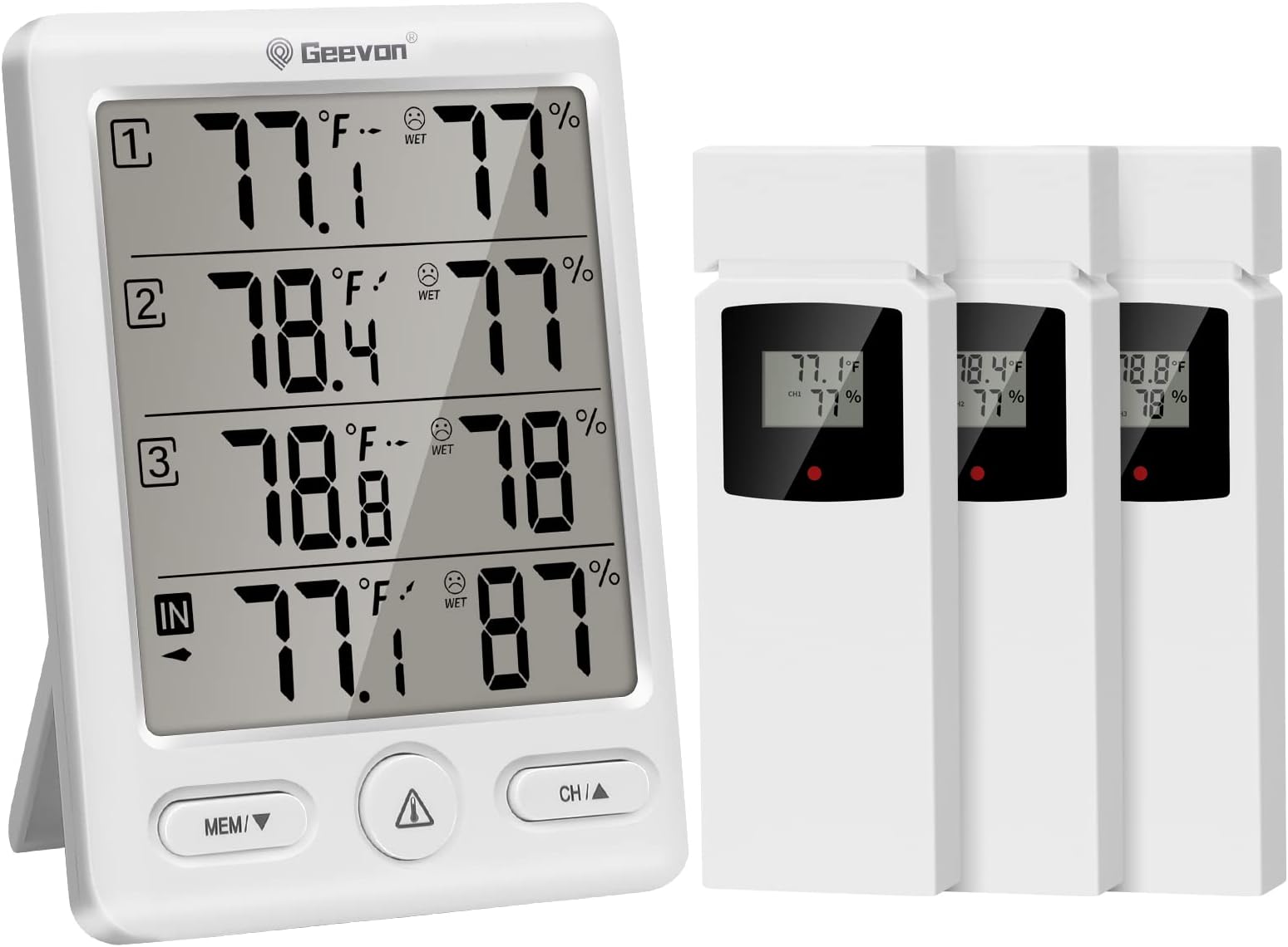 Geevon Indoor Outdoor Thermometer Wireless with 3 Remote Sensors, Digital Hygrometer Indoor Thermometer, Temperature Humidity Monitor Gauge with 200FT/60M Range