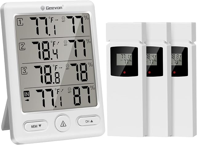 Thermomètre sans fil Geevon intérieur extérieur avec 3 capteurs distants, thermomètre numérique hygromètre moniteur de température humidité avec indicateur de confort, alarme de température, portée de 60 m/200 pi pour la maison (Blanc)