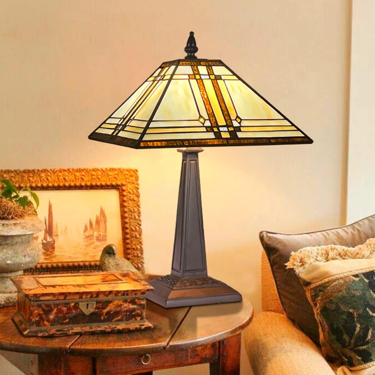Capulina Tiffany Lamp Stained Glass Table Lamp 12x12x19 Inches Cream Color Tiffany Style Desk Reading Lamp Decor for Home Office Bedroom Living Room