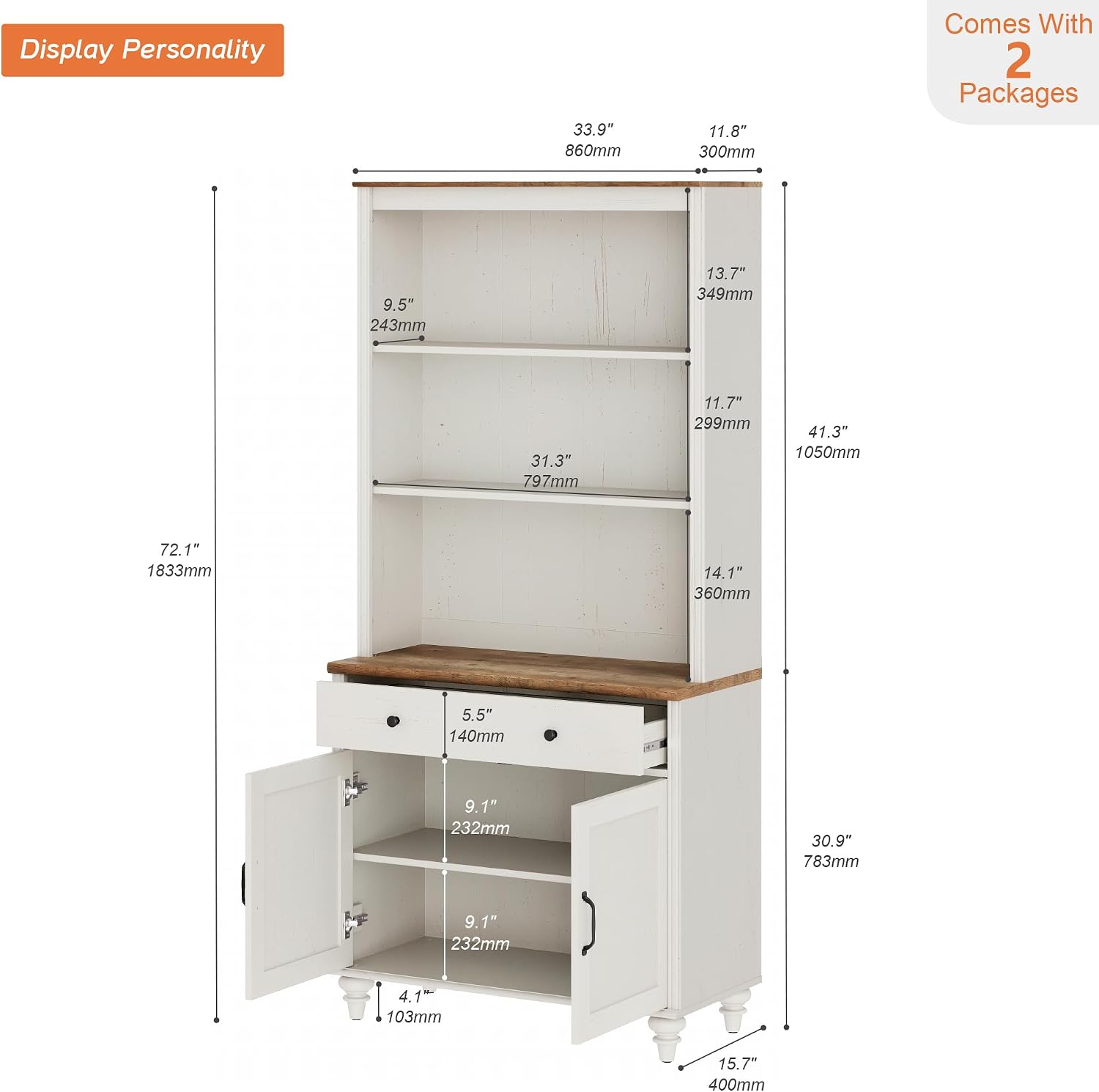 WAMPAT 5 Tier Bookshelf 72" Tall Bookcase with Barn Doors, Large Farmhouse Display Book Shelf with Wood Doors and Storage Cabinet，Library Wooden Bookshelves for Living Room, Office, Kitchen, White
