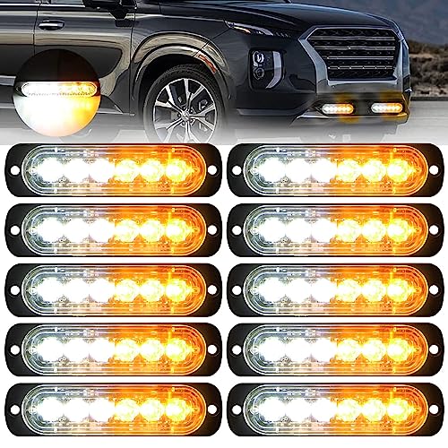 EEEKit 10 Pack LED Emergency Strobe Lights, Amber White 6 LED Strobe Warning Emergency Flashing Light Caution Construction Hazard Light Bar for Car Truck Van Off-road Vehicle ATV SUV Surface Mount