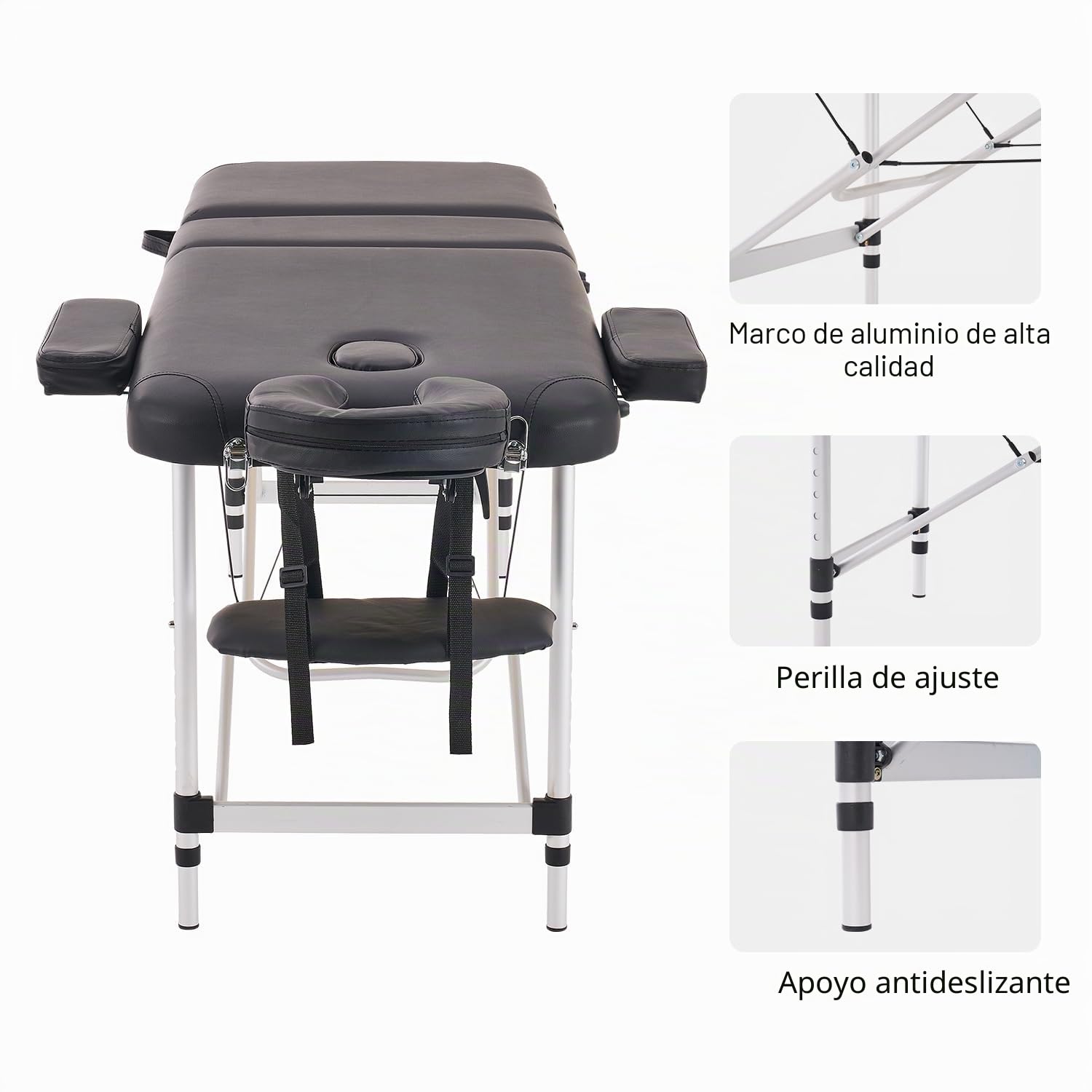 YOUNIKE Camilla de Masaje Móvil Plegable Negro y Ajustable en Altura Cama de Masaje de 3 Zonas Camilla de Estética Amplia Cama de Terapia Aluminio 186 x 60 cm