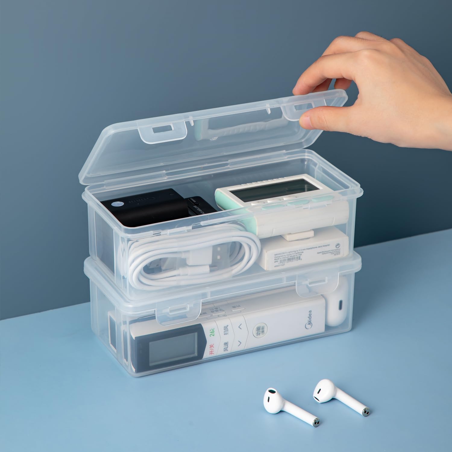 Vidifor Contenedores de almacenamiento de plástico con tapa para suministros de oficina, caja de lápices, suministros de arte, maquillaje, manualidades y cable de carga (2, XS-profundo)