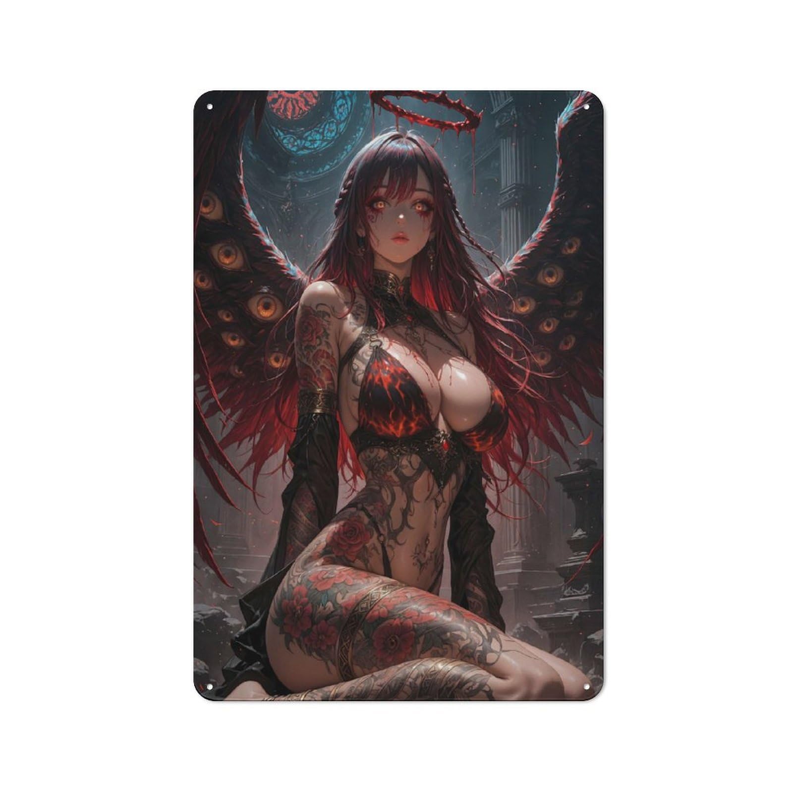 Understated Office Metal Sign 30x20cm Featuring Dark Angel with Wings And Tattoos, Studio Wall Plaque for Office, Study, Studio Or Hallway