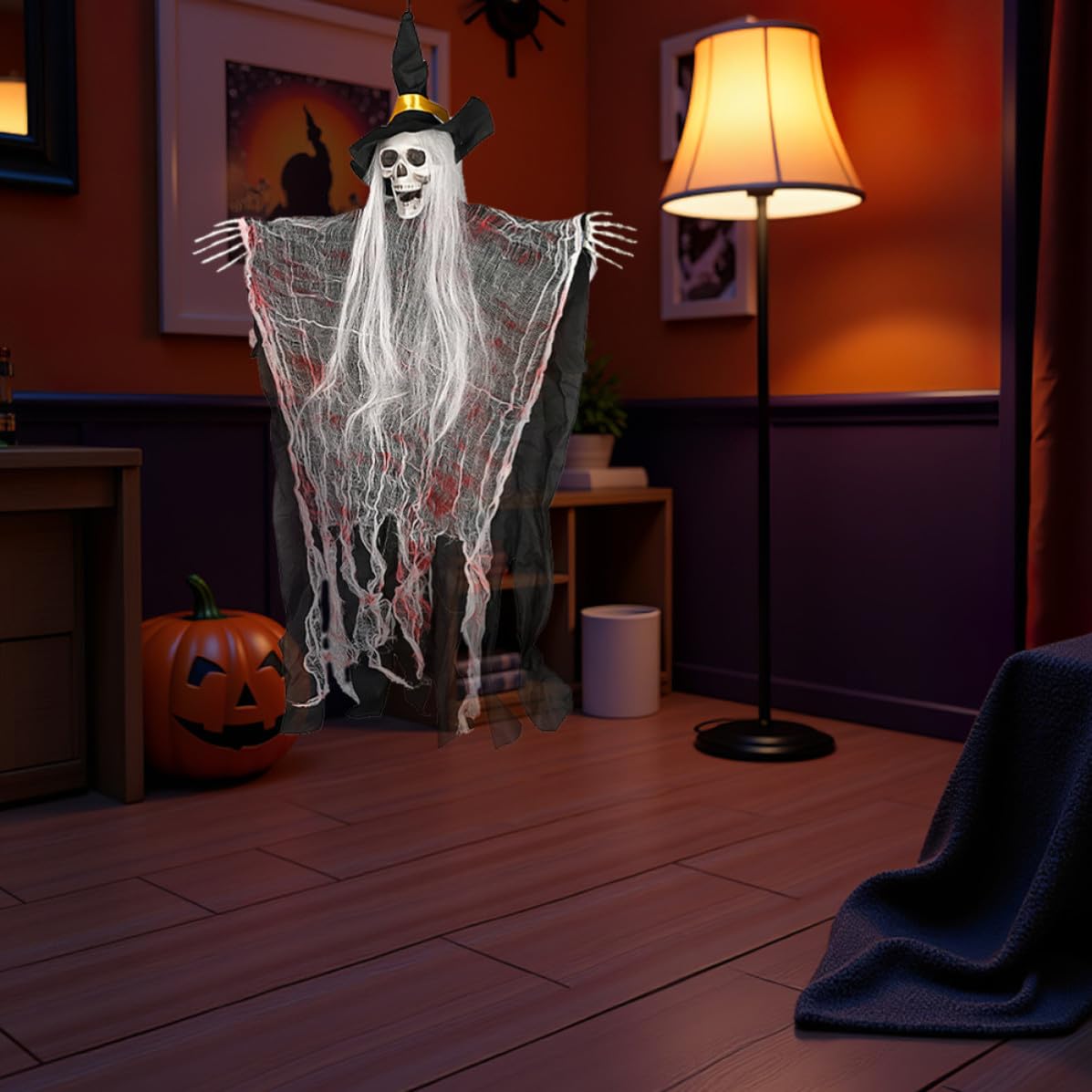Zerodeko 4 Pezzi Decorazioni Halloween Scheletro con Fantasmi Appesi, Ornamenti da Esterno in Plastica e Ferro, Facili da Appendere con Posizioni Regolabili per Balconi e Giardini