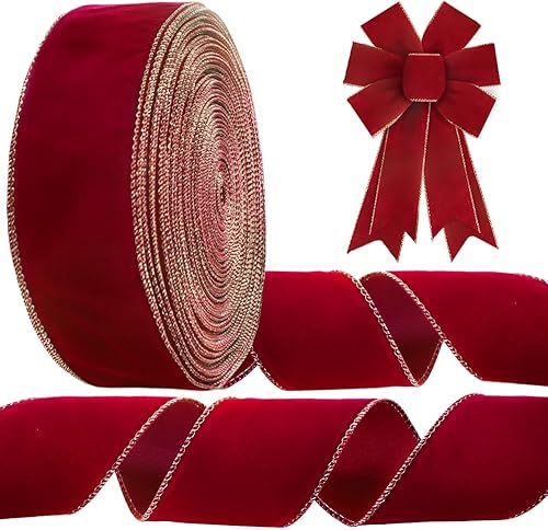 Miniatura 9 de Threetols Cintas de terciopelo rojo con borde con alambre de 10 yardas, cinta de arpillera con bordes dorados de terciopelo rojo de 2.5 pulgadas