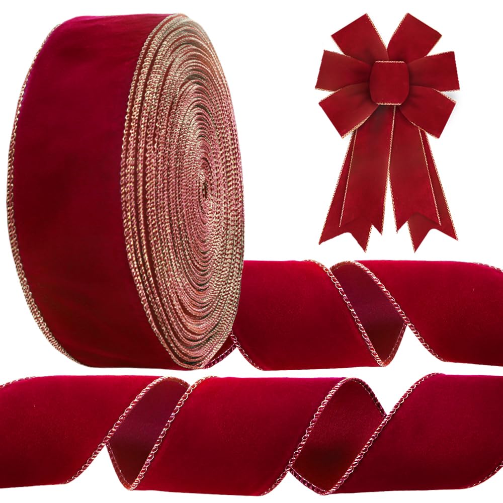 Threetols 91,4 m rotes Samtband mit Drahtrand, 6,3 cm, rotes Samtband, vergoldete Kanten, Juteband für Valentinstag, Geburtstag, Party, Verpackung, DIY, Handwerk, Dekoration, Kränze, Schleife