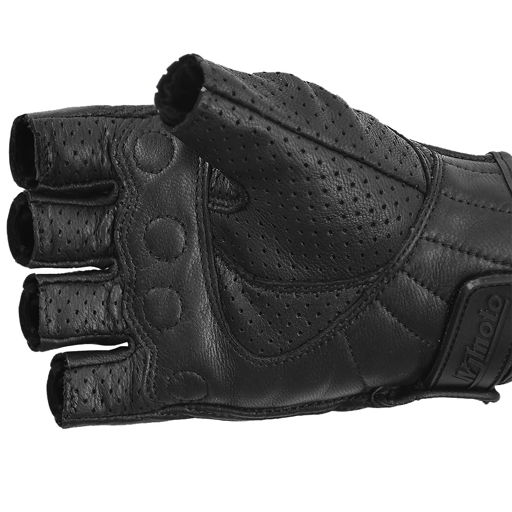 Guanti da moto in pelle di capra senza dita vintage traforati nero