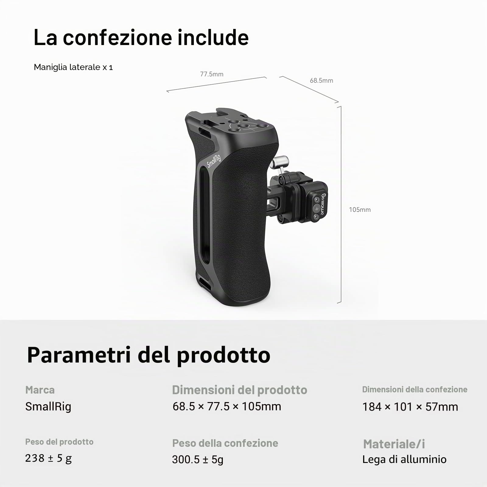 SMALLRIG Maniglia Laterale NATO a Scatto, Design a Blocco Rapido, Regolabile Su/Giù, con Supporto per Scarpa Fredda Integrato, Foro Filettato, Foro per Cinturino da Polso - 4017