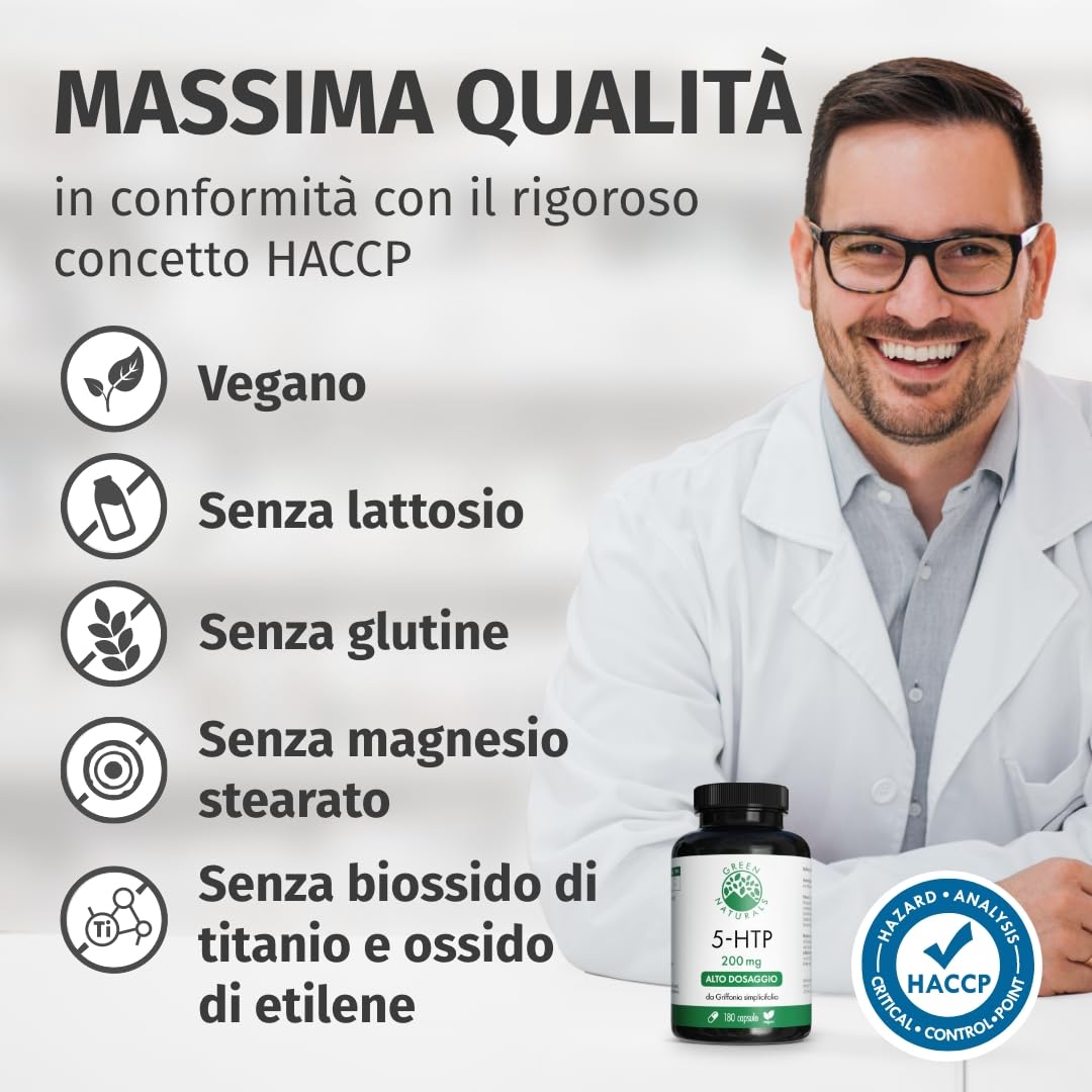 Green Naturals® 5-HTP – Ad alto dosaggio 200 mg da Griffonia simplicifolia – 100% vegano & senza additivi – Qualità tedesca – 180 capsule (6 mesi)