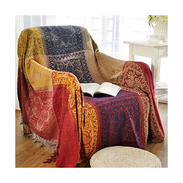amorus Chenille Jacquard Tassels Throw Blanket Sofa Chair Cover Tablecloth - Colorful Tribal Pattern