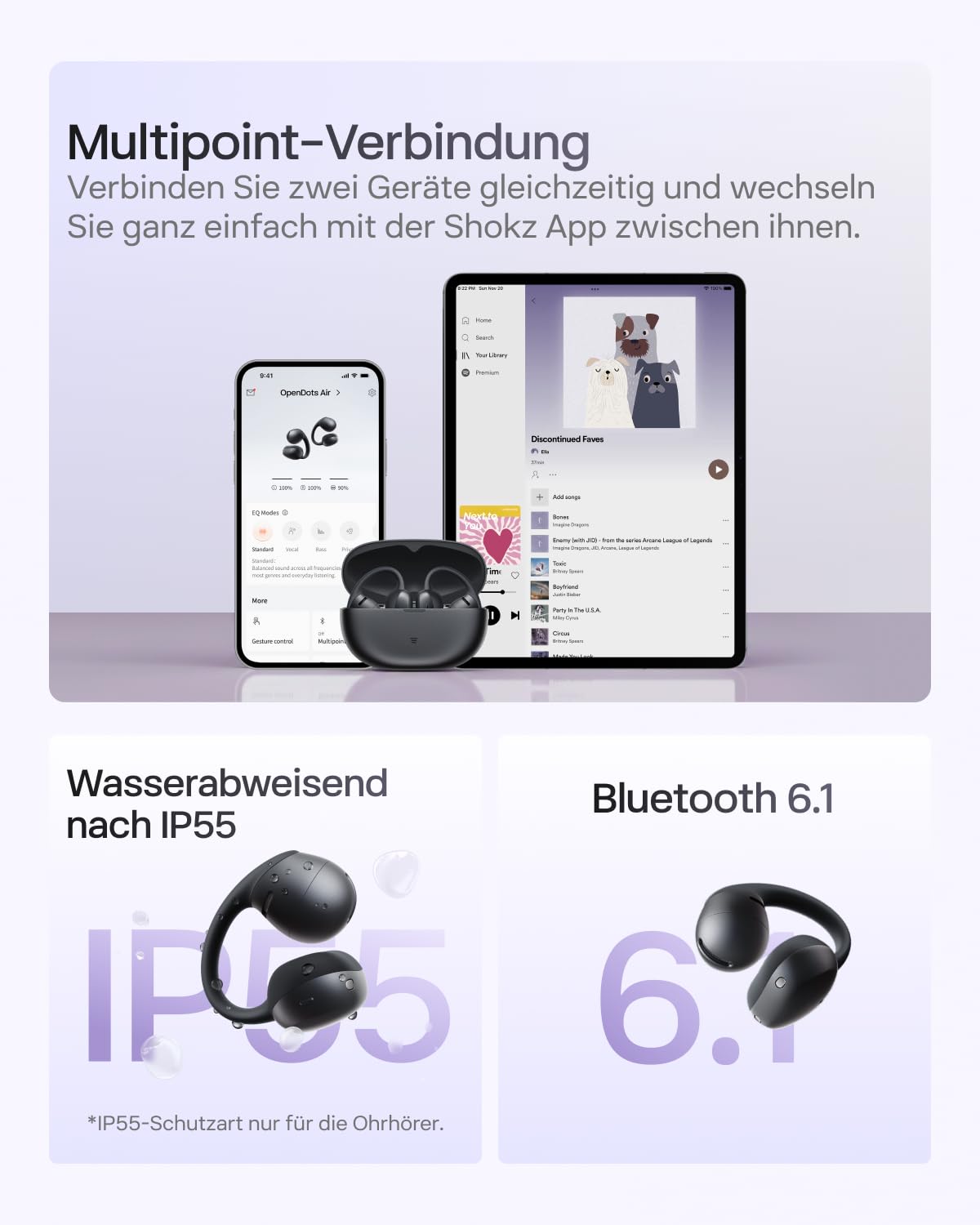SHOKZ OpenDots Air Open-Ear-Kopfhörer mit Clip-on, ultraleichten 6,3 g, sicherer Passform, Deep Bass, 36 Std. Wiedergabezeit, Bluetooth 6.1, klare Anrufe bei Arbeit und Sport, IP55, Schwarz
