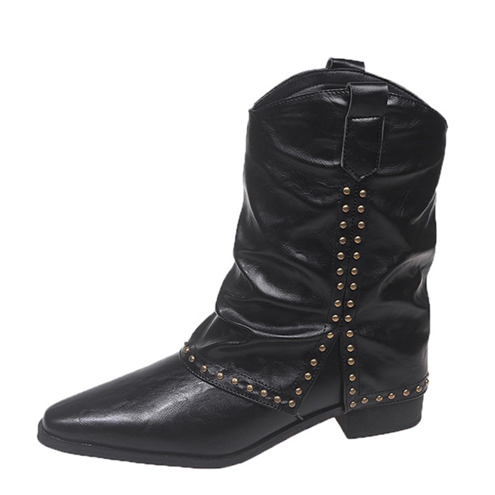 Womens Rivet Pleated Fold Over Stacked Chunky Heel Mid-Calf Cowgirl Boots Fashion V-shape Pointed Toe Studded Pull On