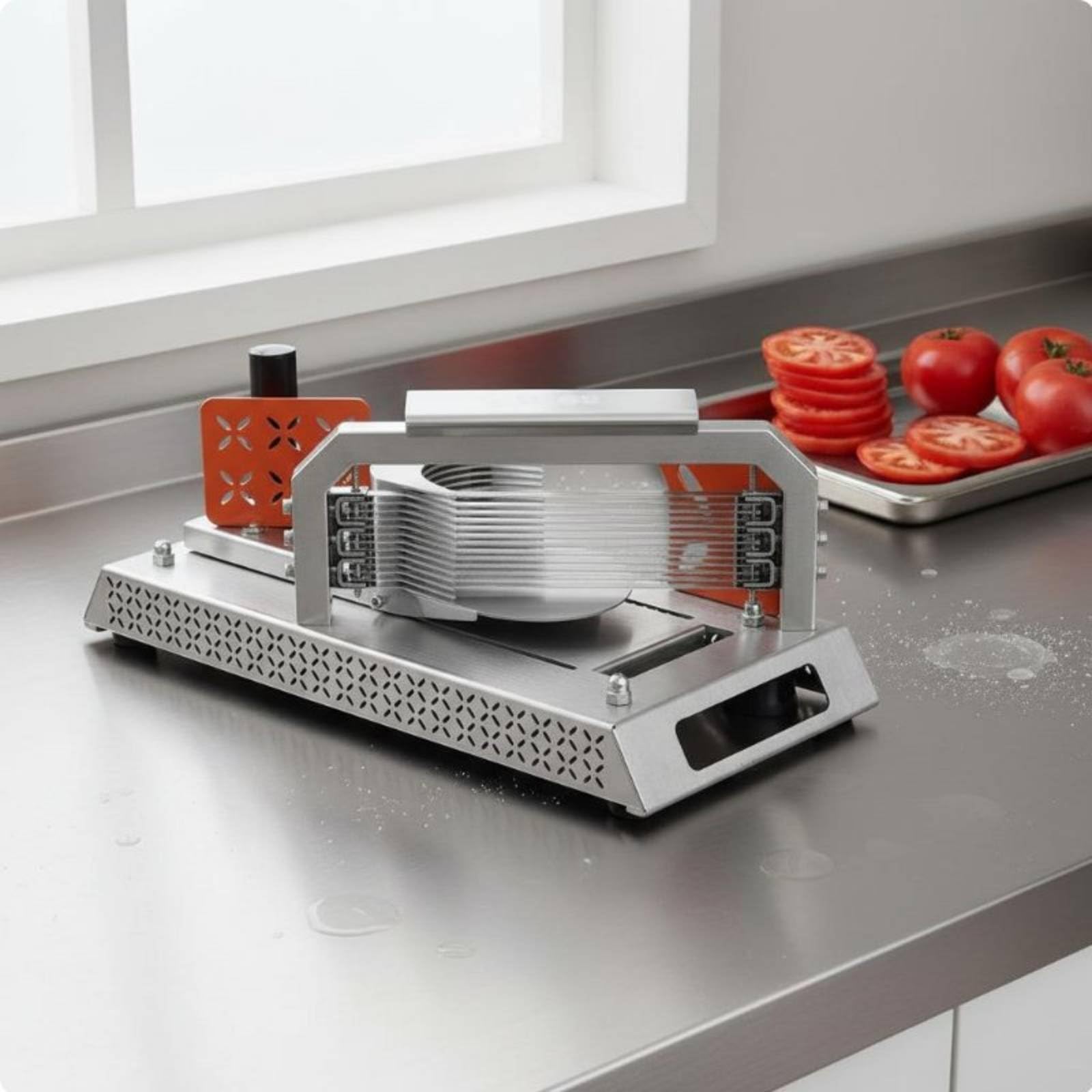 Qianly Manueller Tomatenschneider manuelle Bedienung Tomatenschneider gleichmäßige Scheiben Edelstahl Obstschneider für Gastronomiepersonal, Catering