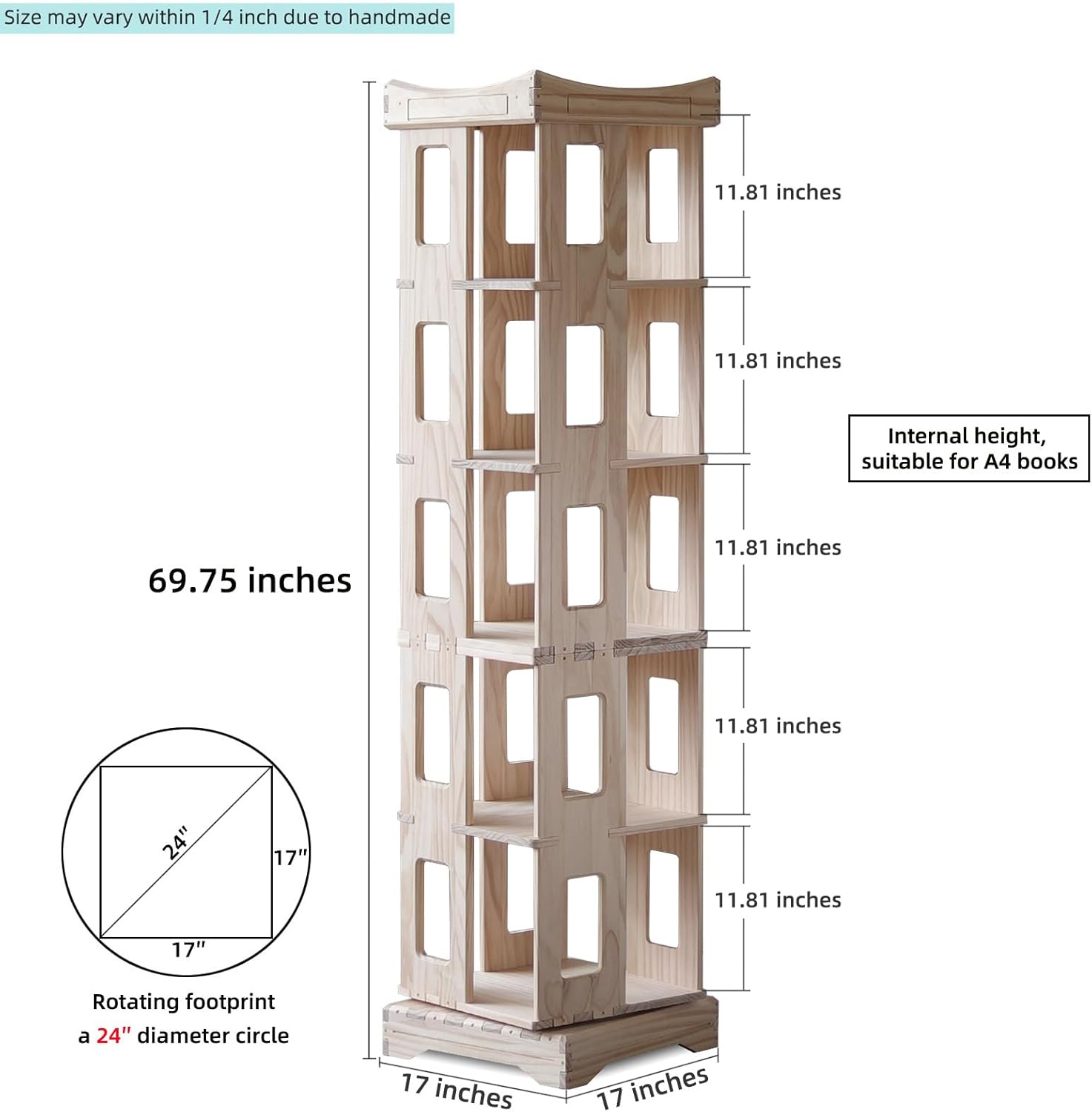 Wooden Rotating Bookshelf, Larger Solid Wood Revolving Bookcase,360°Spinning Book Shelf Tower,Floor Standing Storage Rack,Corner Organizer for Small Space,Study,Office,17"x17"x69.75"(5-Tier)