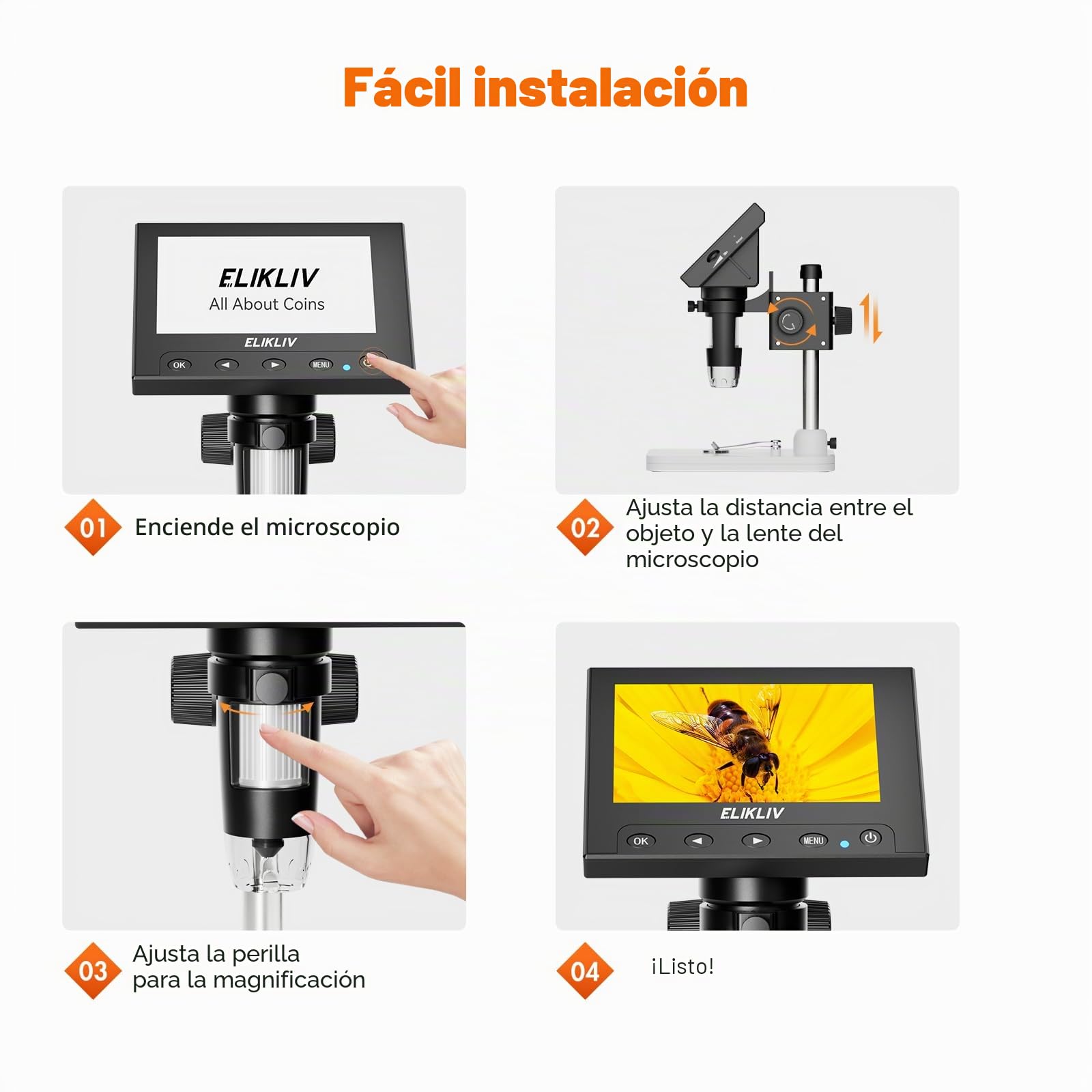Elikliv Microscopio Digital LCD para Monedas 1000x, Lupa con 8 Luces LED Ajustables, Vista PC Compatible con Windows, EDM4, 4,3 Pulgadas