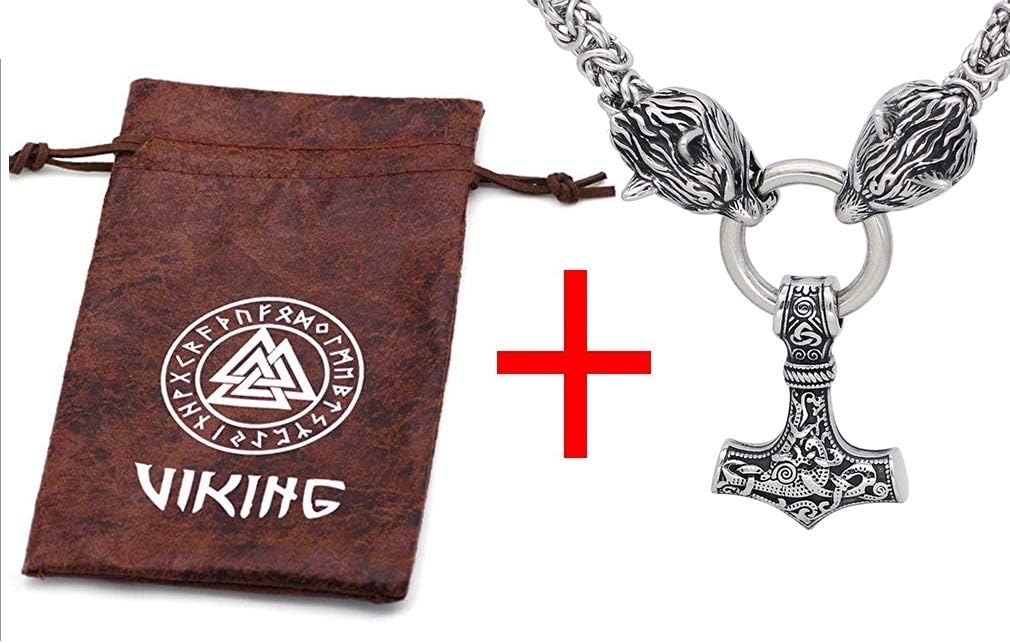 GuoShuang Wolf Head with Thor Mjolnir Pendant Necklace Stainless Steel - King Chain