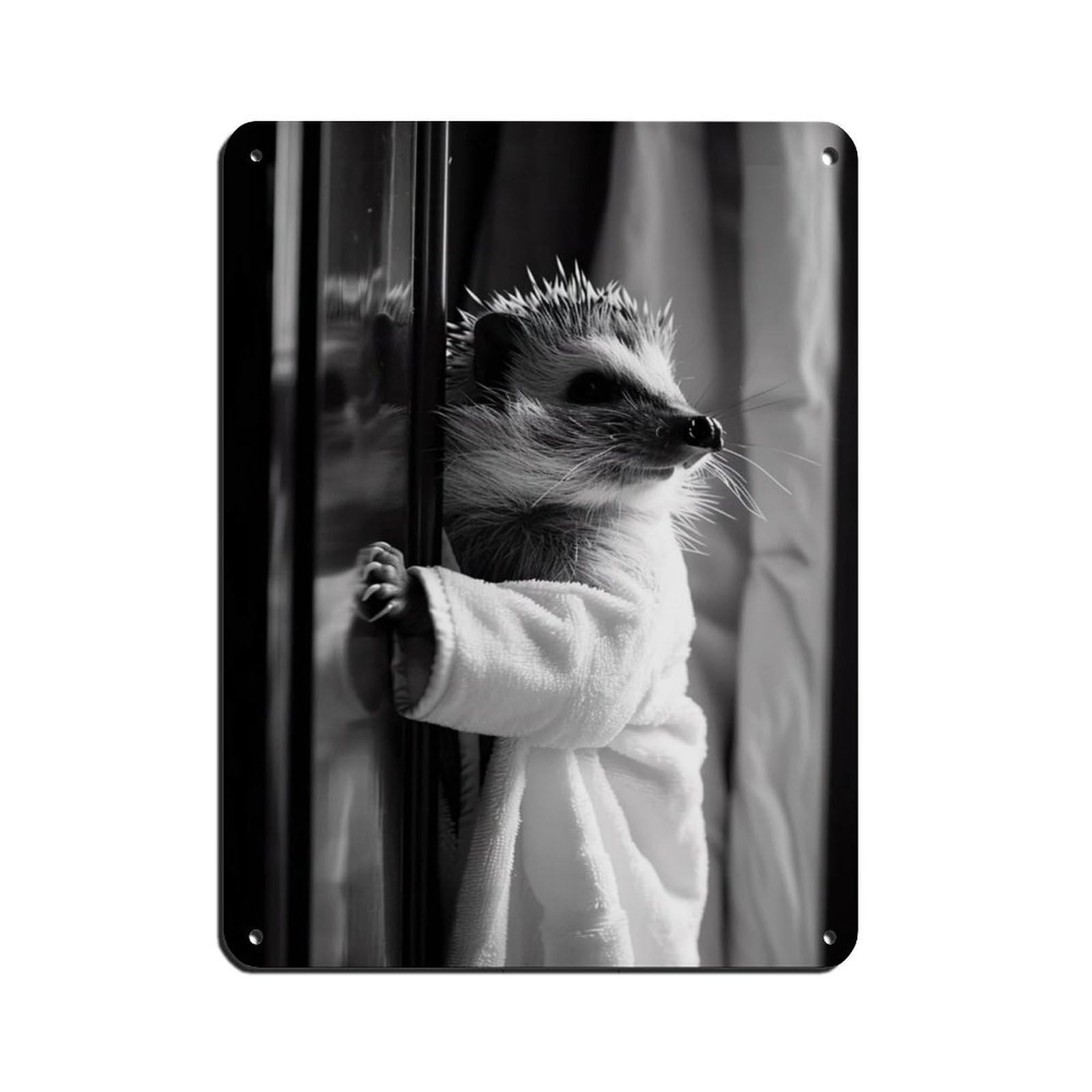 Hedgehog in A Bathrobe, Funny Bathroom Art Retro Poster Metal Tin Sign Chic Art Retro Iron Painting Bar People Cave Cafe Family Garage Poster Wall Decoration 12x16inch(30x40cm)
