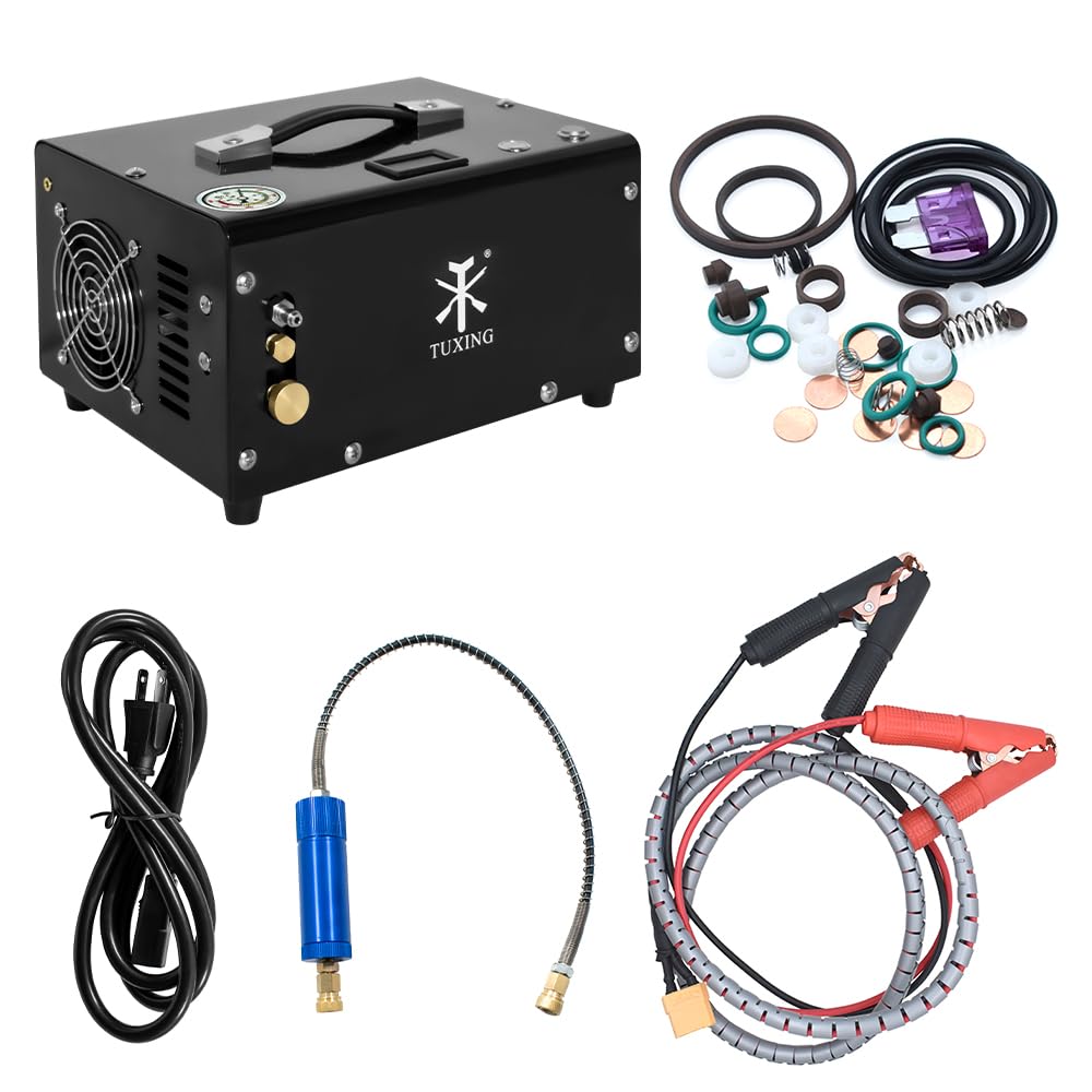 TUXING 300Bar 30Mpa, compresor portátil de 12 V para PC, sin aceite, alimentación de 12 V CC o 220 V CA para el hogar con adaptador, rifle de aire inflador para PC(TXET061-1)