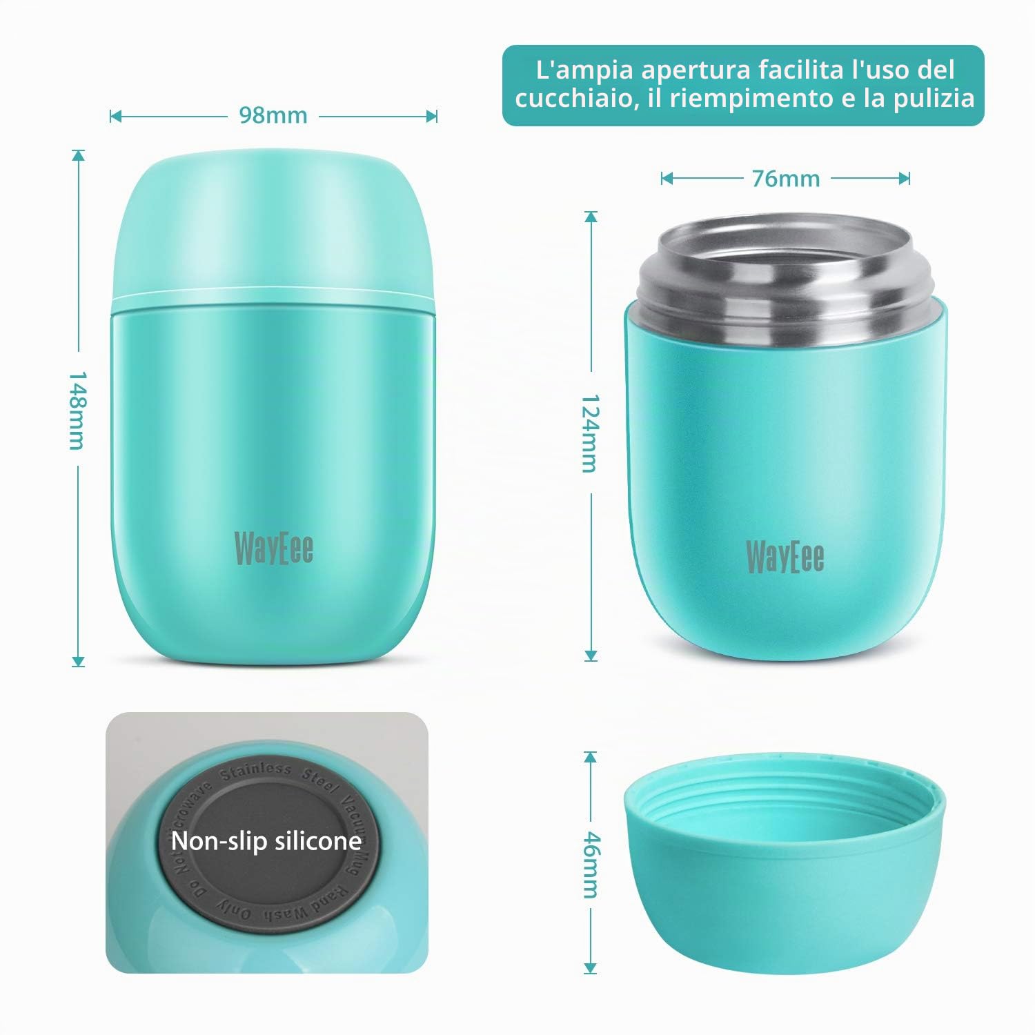 WayEee Contenitore Termico per Alimenti, Thermos per Alimenti sottovuoto di Acciaio Inossidabile 450ml con Un Cucchiaio Pieghevole per Zuppa, Porridge, Riso, Frutta