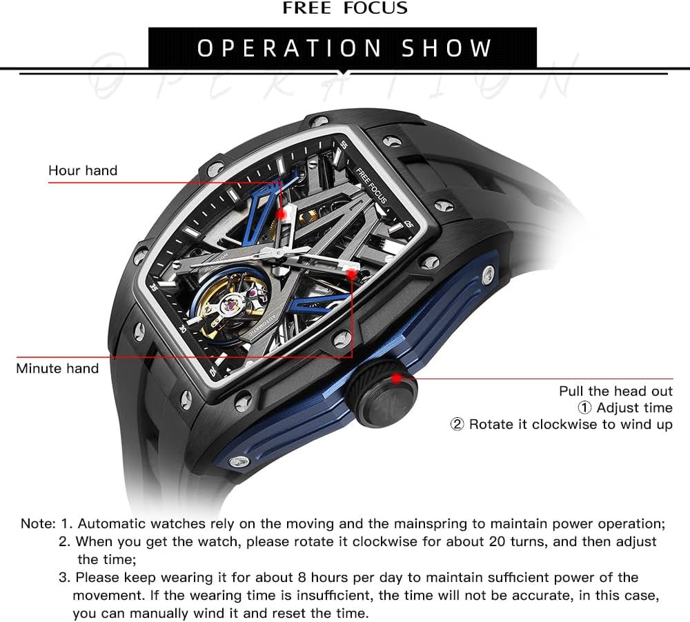 Unique Men Watches,Automatic Mechanical Watch,Luxury Hollow Tonneau Watches for Men with Stainless Steel Case and Silicon Band (Self-Wind Movement/Waterproof/Super_Luminous)