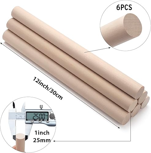 Miniatura 2 de Varillas de madera para manualidades, 6 varillas redondas de madera de 1 x 12 pulgadas, pasador grueso de macramé para proyectos de manualidades,