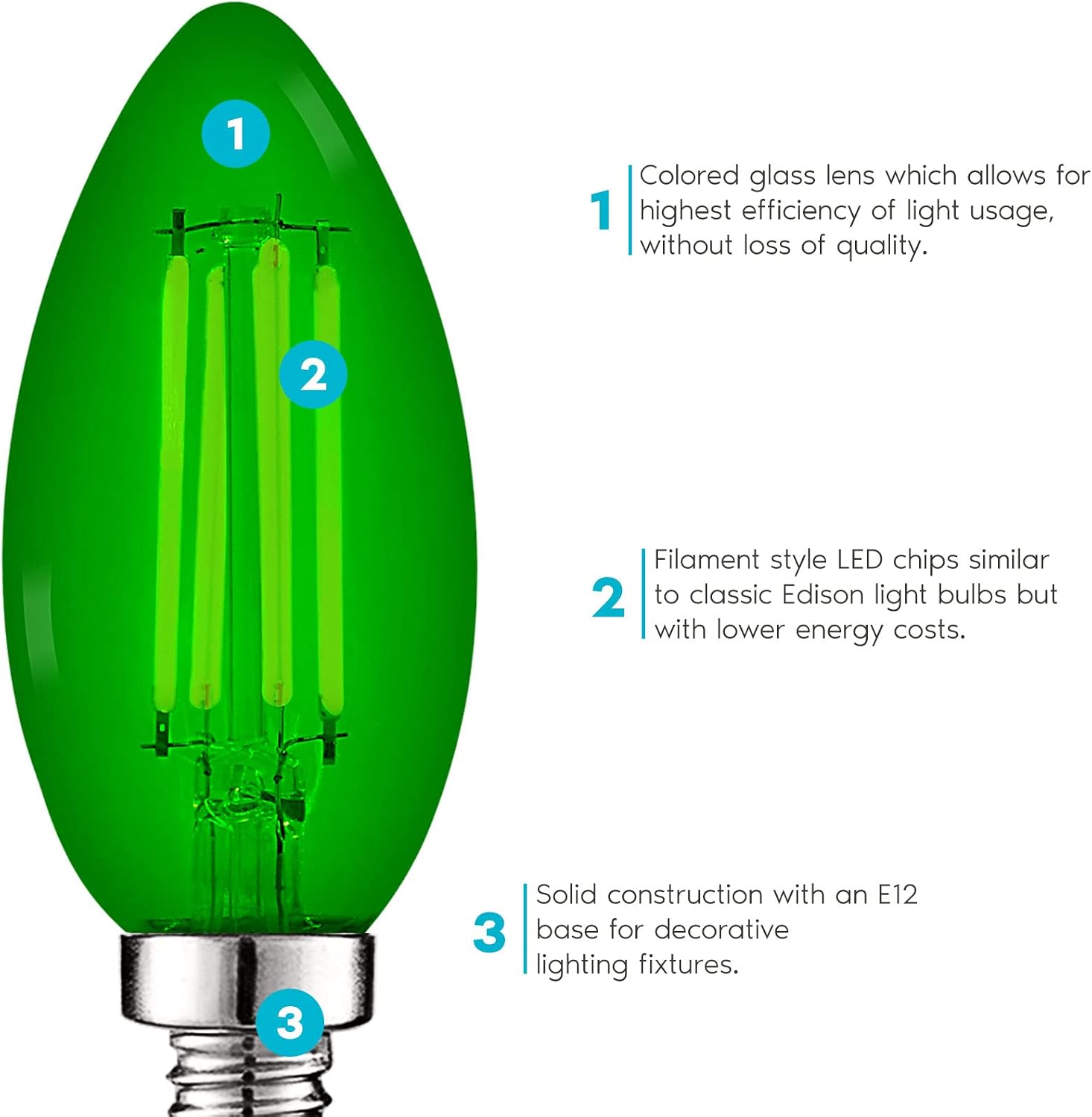 LUXRITE E12 LED Filament Green Light Bulb, 4.5W (40W Equivalent), Colored Glass Candelabra Bulb, UL Listed, E12 Base, Indoor Outdoor, Porch, Decoration, Party, Holiday, Event, Home Lighting (3 Pack)