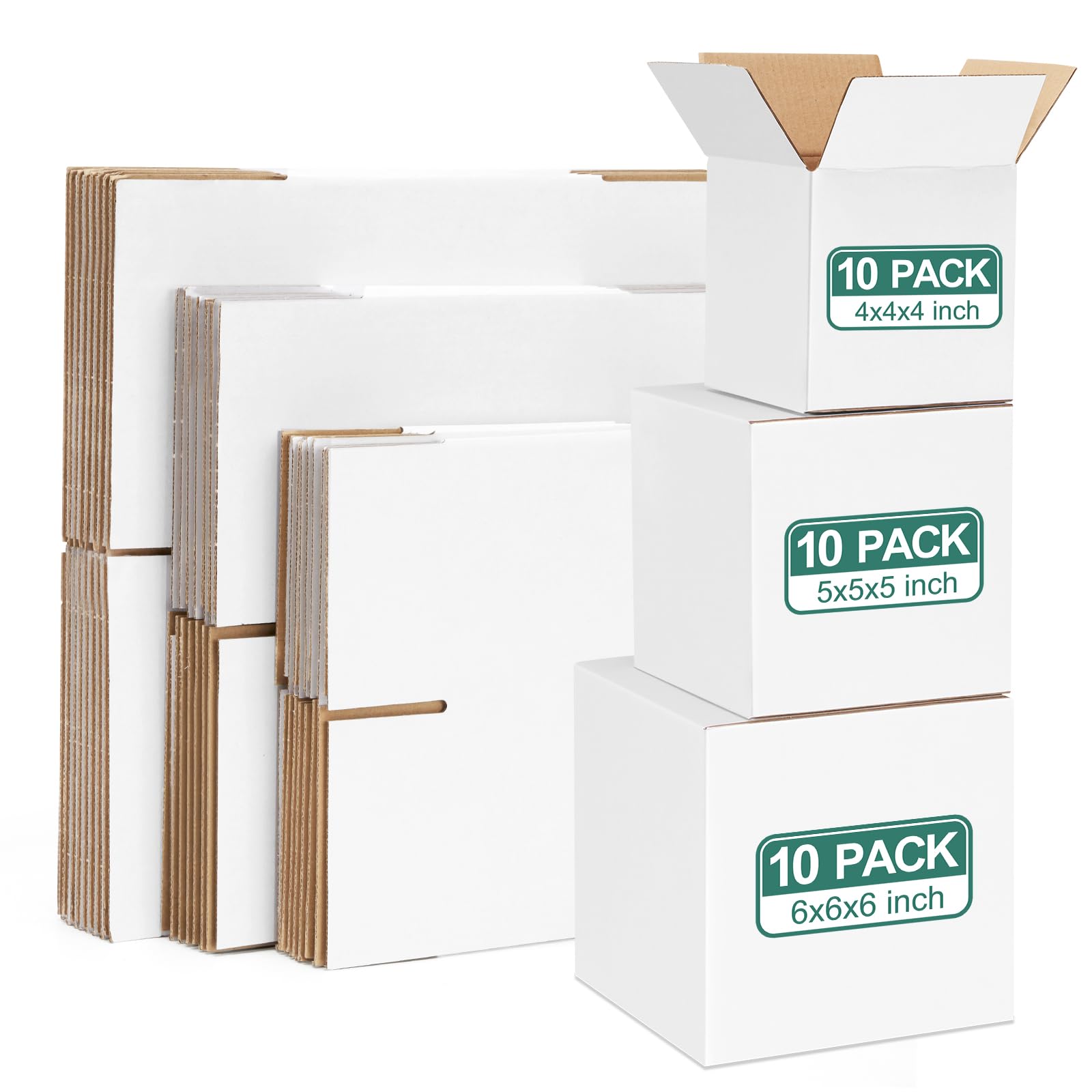 Eupako 30 Pack Small Shipping Boxes Assorted Sizes, 4x4x4 & 5x5x5 & 6x6x6 10 PCS Each Small Boxes, White Corrugated Box Mailers, Cardboard Boxes for Packaging Small Business, Mailing