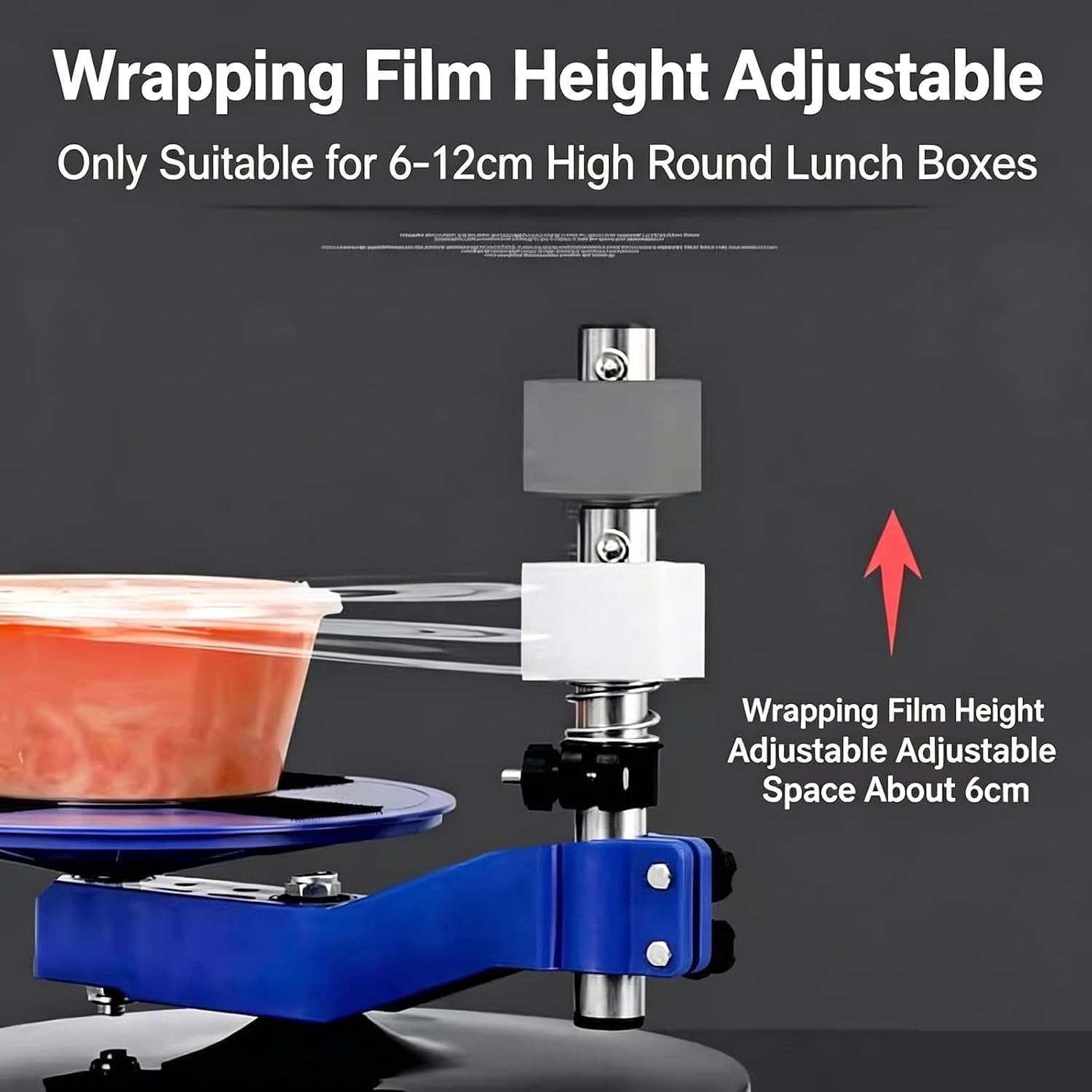 Machine Demballage Manuelle sous Film Étirable, Réglable en Hauteur Et Rotative À 360°, pour Contenants Alimentaires Ronds De 6 À 12 Cm De Diamètre.
