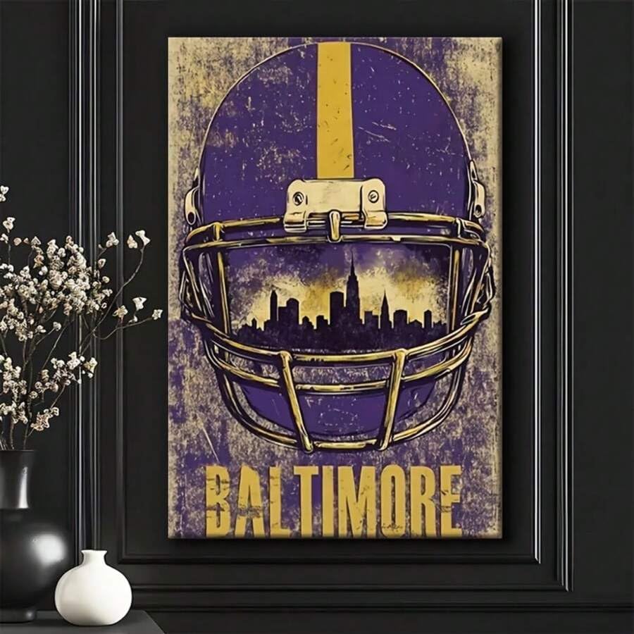 Casque de football américain tableau mural vintage violet et or 60x80cm