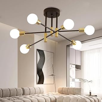 Comely Chandelier Sputnik Ceiling Light, 6 Lights E27 Black Gold Chandelier | Semi-Flush Mount Ceiling Lamp Vintage Ceiling Lighting for Living Room, Bedroom, Dining Room, Kitchen [Energy Class E]
