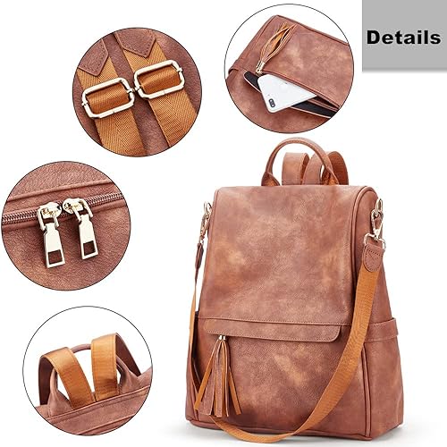Miniatura 5 de Oyifan Mochila de cuero para mujer, bolsa convertible, mochila de viaje, Tamaño medio Vintage Marrón, Mochilas de viaje