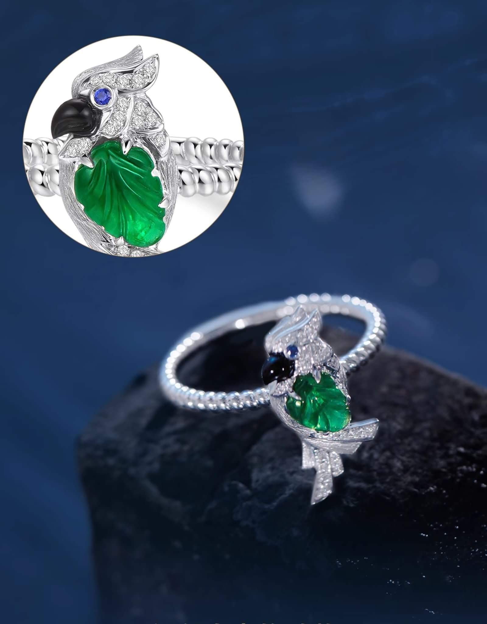 Obrączki ślubne białe złoto 750 wisiorek w kształcie ptaka ze szmaragdem 0,4 ct i diamentami, pierścionek przyjaźni damski dla niej rozmiar 57 (18,1) | białe złoto 18K | modna biżuteria na