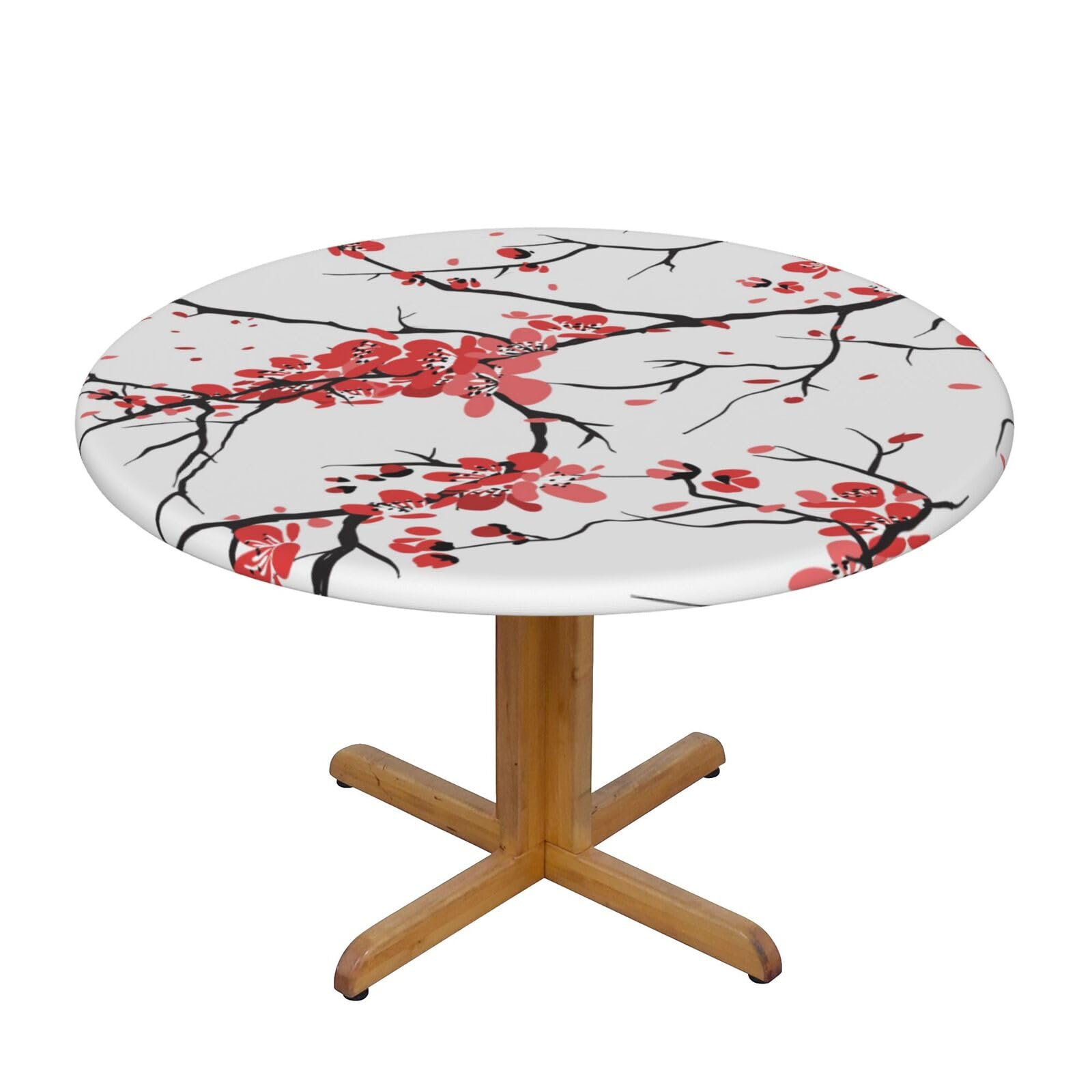 Ffshkowe Delicate Cherry Blossoms Elastic Round Tablecloth Oil Proof Table Cover For Dining Party Picnic