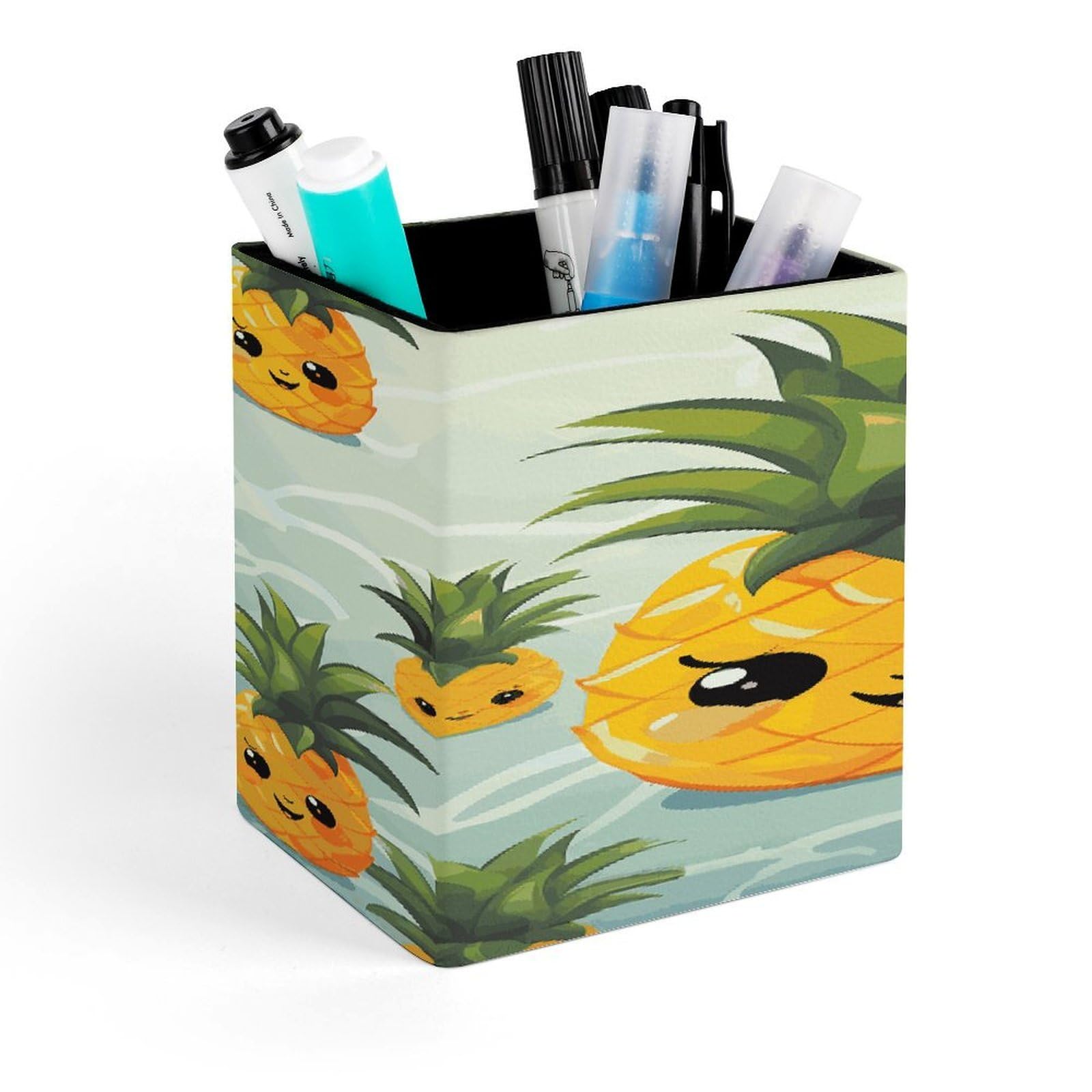 MUSM Cute Pineapple Pen Holder Square PU Leather Desktop Organizer And Makeup Brush Holder Storage Box Modern Design Stationery Organizer for Office Desk Accessory