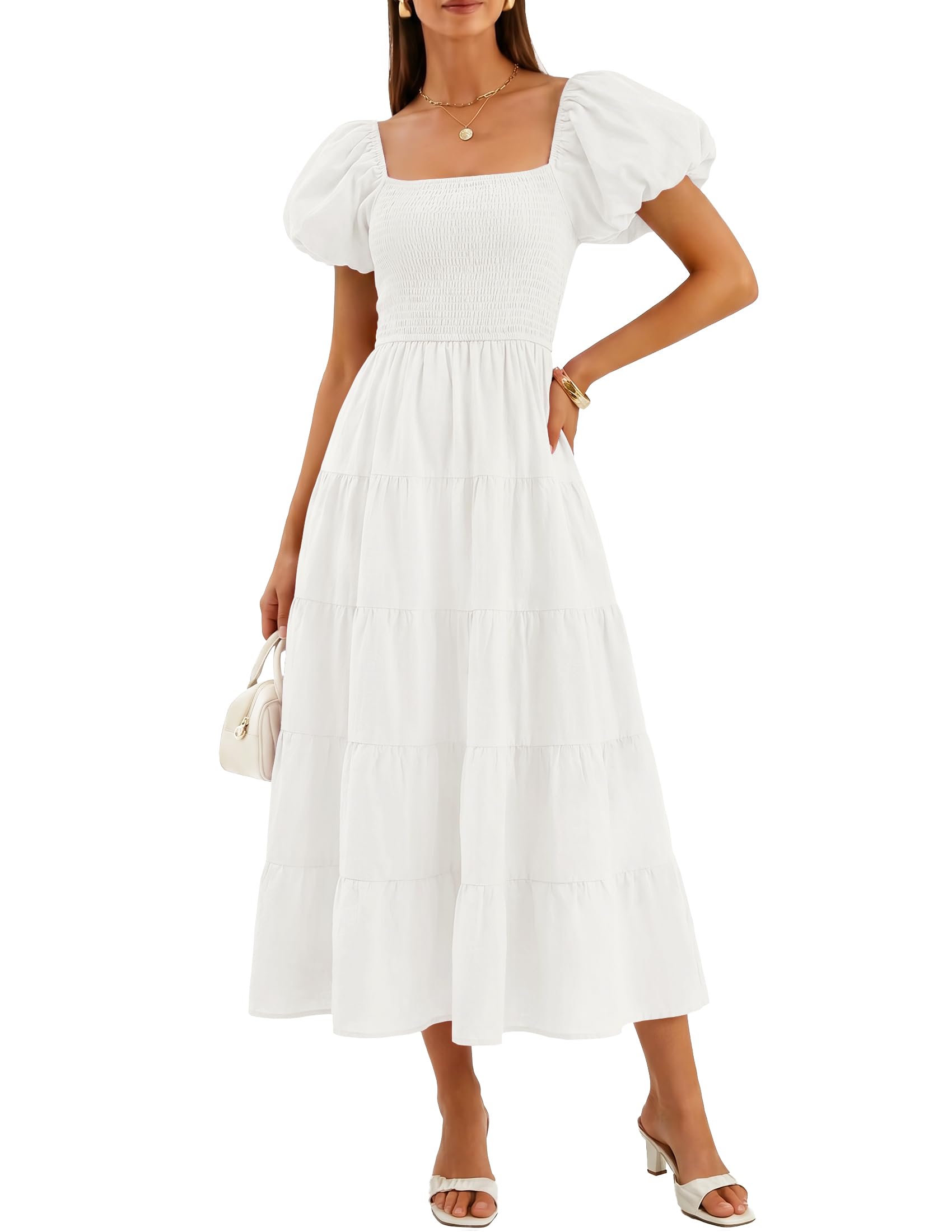 ZESICA - Vestido Midi de Verano para Mujer, Cuello Cuadrado, Manga Corta abombada, Color Liso, Cintura Alta, Informal, Fruncido, Acampanado, Escalonado