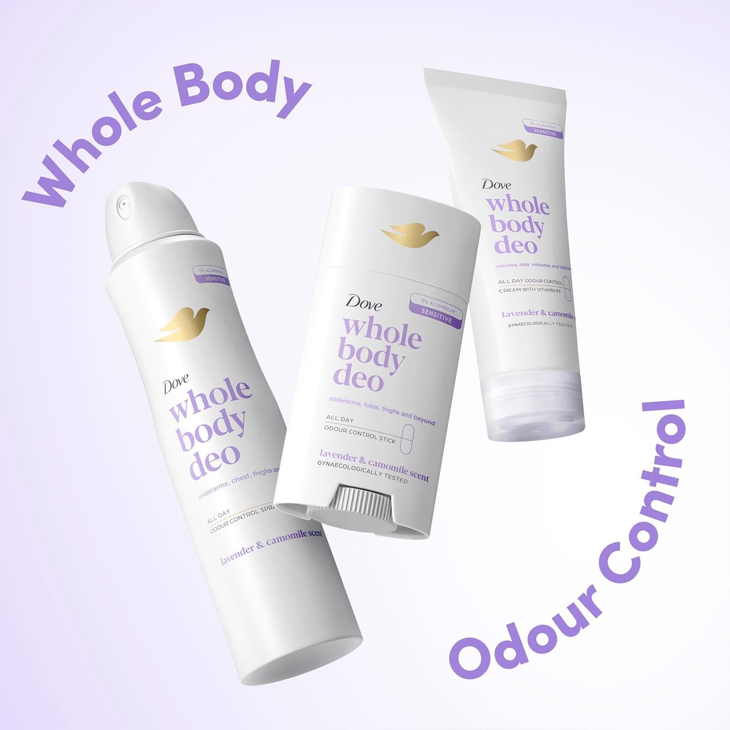 Dove Whole Body Deodorant Stick for Women, Lavender & Camomile 75ml, 6 Pack - Long Lasting Fresh Odour Protection, Gentle on Skin, Daily All Over Body Deodorant, Dermatologically Tested