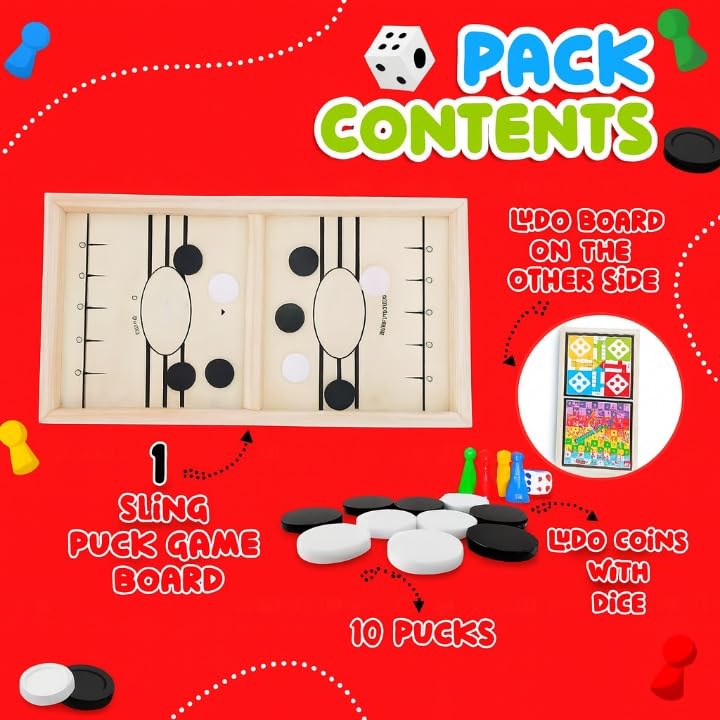 Image of Board Games for Kids | 3 in 1 String Hockey, Ludo & Snake Ladder Wooden Board Game | Indoor Games for Kids & Family | Fast Sling Puck Game, Fun Wooden Home Play Set for All Ages