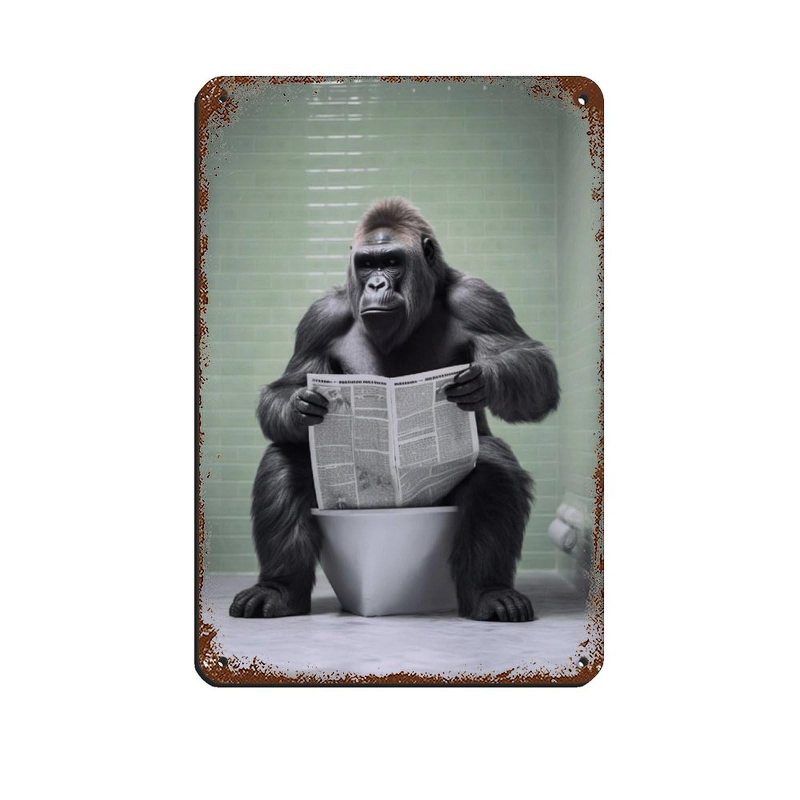 Lxwnze 20L X 30W Cm Gorilla Sitting On The Toilet Reading A Newspaper (4) Retro Poster Metal Tin Sign Chic Art Retro Iron Painting Bar People Cave Cafe Family Garage Poster Wall Decoration 8X12inch(20X30cm)
