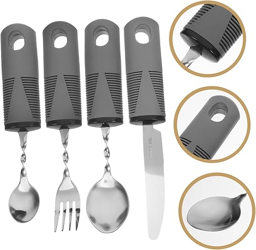 Miniatura 9 de Zerodeko Juego de utensilios con peso adaptativo para ancianos, juego de cuchara y tenedor de 4 piezas, asas antideslizantes para temblores de manos