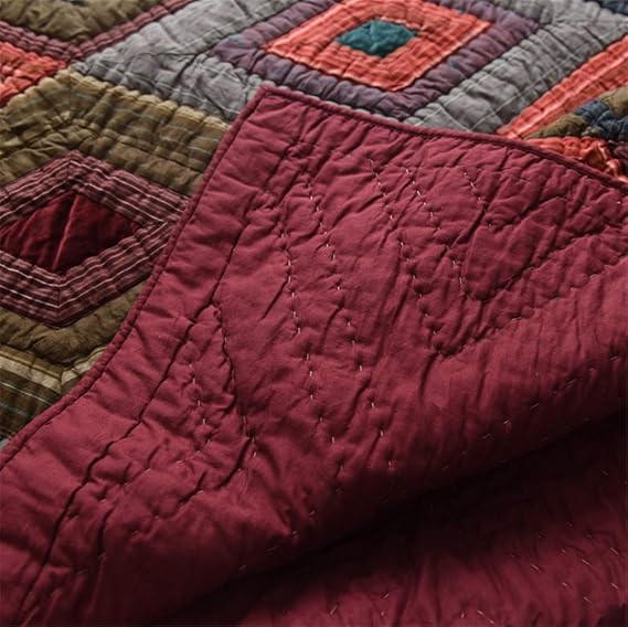 Quilted Bedspread Set 3 PCS Dark Red Retro Handmade Patchwork Coverlet Geometric Pattern Comforter Bedding Set with 2*Pillowcase,264x233cm