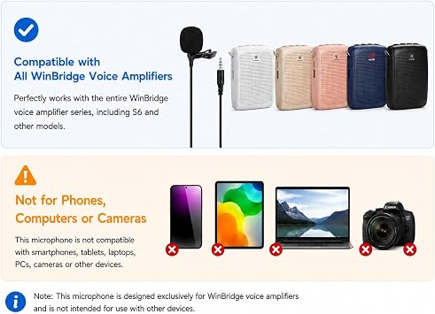 WinBridge Clip-on Lavalier Microphone for Voice Amplifier, 3.5mm Wired Mic