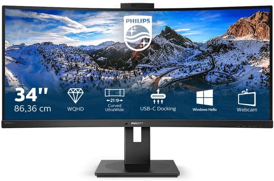 PHILIPS 346P1CRH – 34 Inch QGHD Curved ultrawide Monitor, 100Hz, 4ms, VA, USB-C Dock, Webcam, Speakers, HDR 400 (3440 x 1440, 500 cd/m², HDMi/DP/USB-C/USB 3.2) PHILIPS 346P1CRH – 34 Inch QGHD Curved ultrawide Monitor, 100Hz, 4ms, VA, USB-C Dock, Webcam, Speakers, HDR 400 (3440 x 1440, 500 cd/m², HDMi/DP/USB-C/USB 3.2)