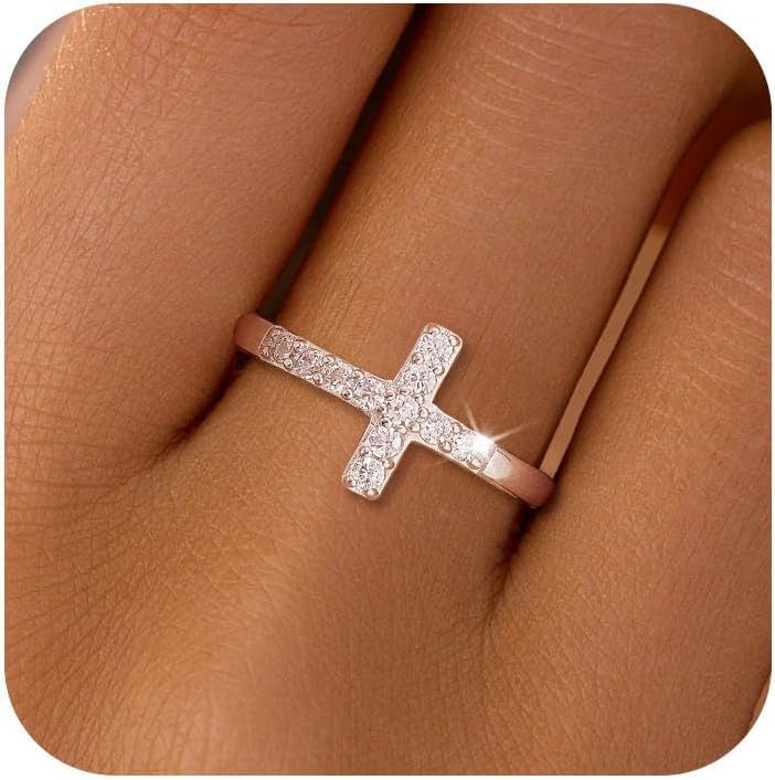 Cubic Zirconia Cross Rings for Women 925 Sterling Silver Purity Ring Faith Jesus Christian Ring Eternity Band Promise Ring for Her Religious Confirmation Baptism Christmas Gifts