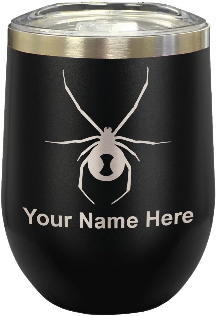 LaserGram 16oz Double Wall Stainless Steel Wine Glass Tumbler, Black Widow Spider, Personalized Engraving Included (Black)