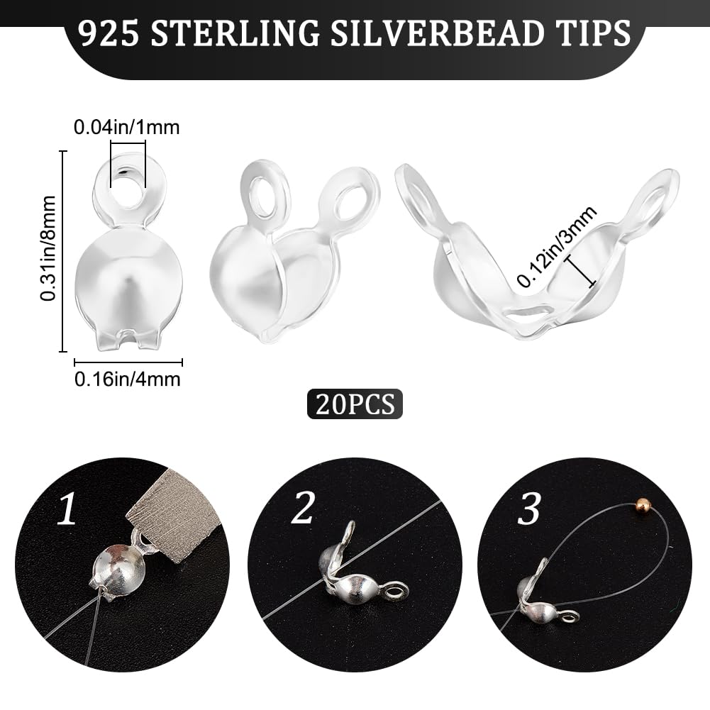 Beebeecraft 1 caja de 20 puntas de Cuentas de Plata de Ley Cubiertas de Nudos Puntas de Engarzado Cuentas Plegables Tapas de Extremos para Pulseras Collares (Copa de 3.(118) in)