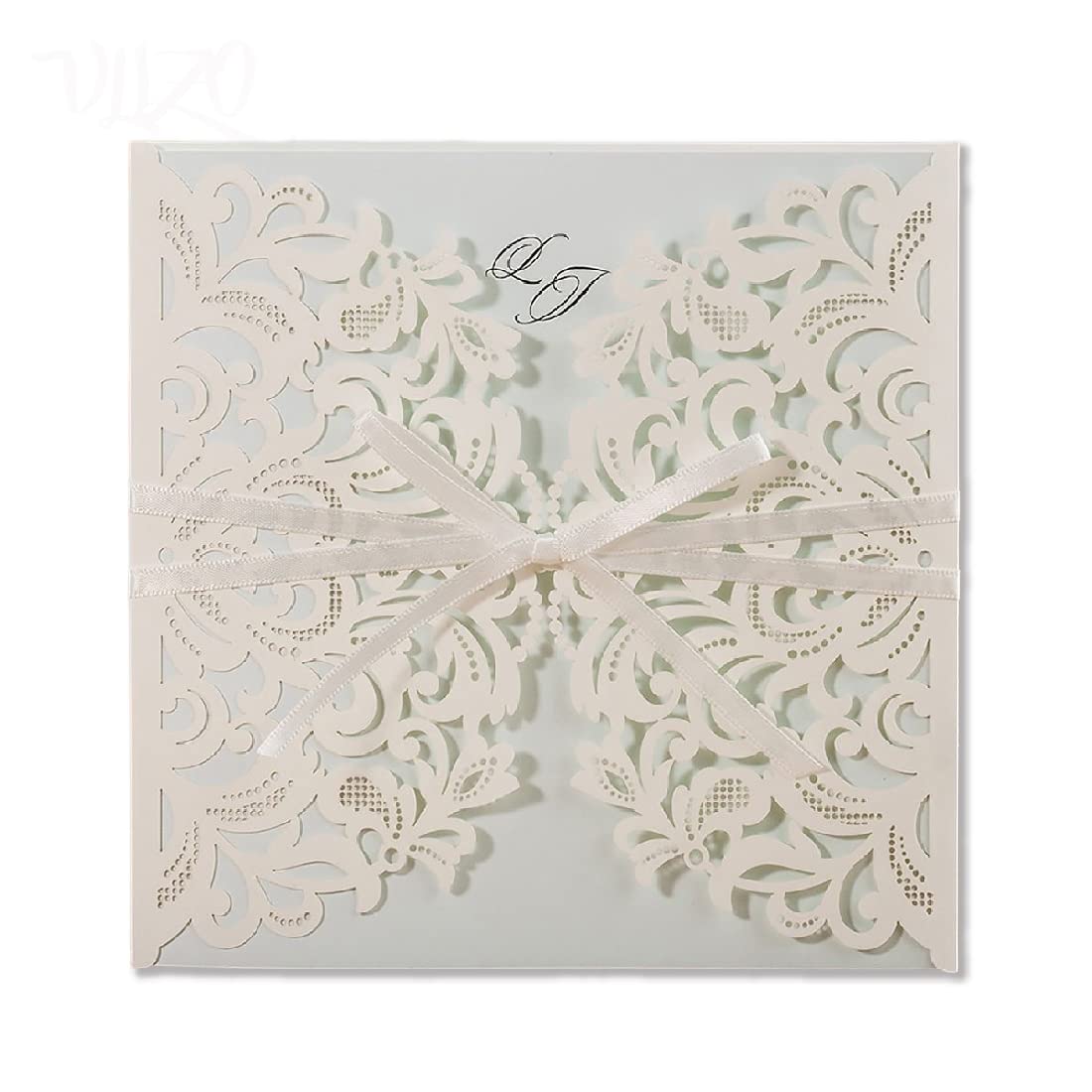 VLIZO 50x Elegant Laser Cut Wedding Invitations with Envelopes,Light Green Hollow Lace Floral Pocket Personalised Invitation with Ribbon for Birthday Anniversary Quinceanera Baptism Graduation Party