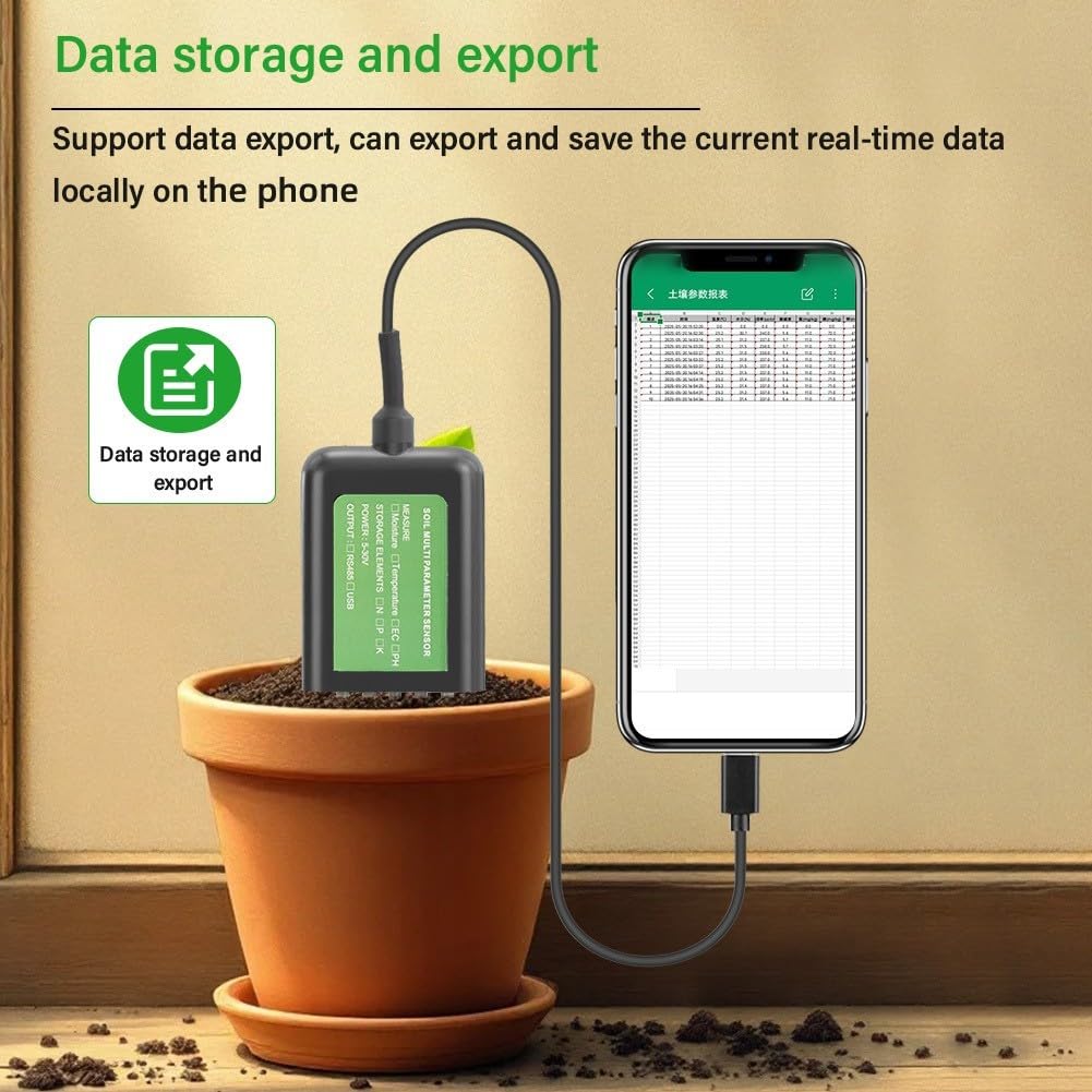 USB Sensore del suolo 7 in 1 per Android, IP68 Umidità Terra Temperatura PH NPK Tester con guarnizione in resina epossidica, sonda in metallo 1,5 m, analisi dati in tempo reale per agricoltura