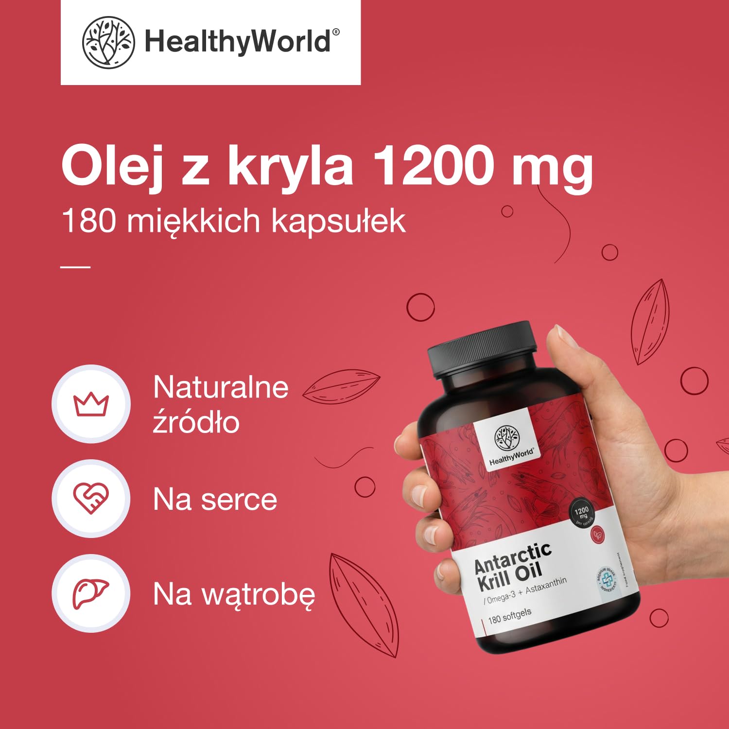 HealthyWorld Olej z kryla 1200 mg - 180 Miękkich Kapsułek - Omega-3 + Astaksantyna - Bez Glutenu, Laktozy i Sztucznych Aromatów - 3-miesięczny Zapas - Funkcjonowanie Serca i Żył